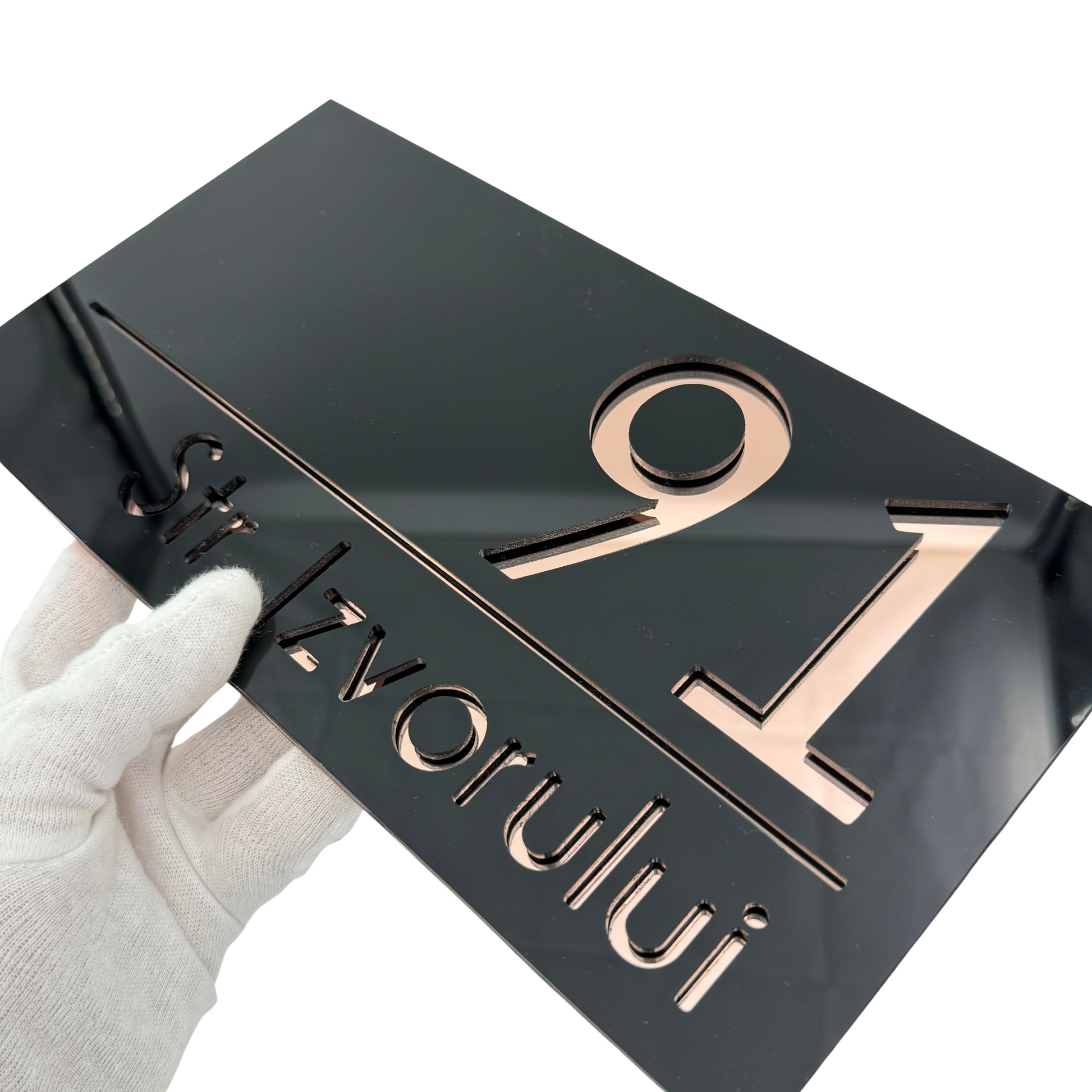 PREMIUM HOUSE NUMBER - Glossy Black Rose Gold Mirror - 28×15 cm