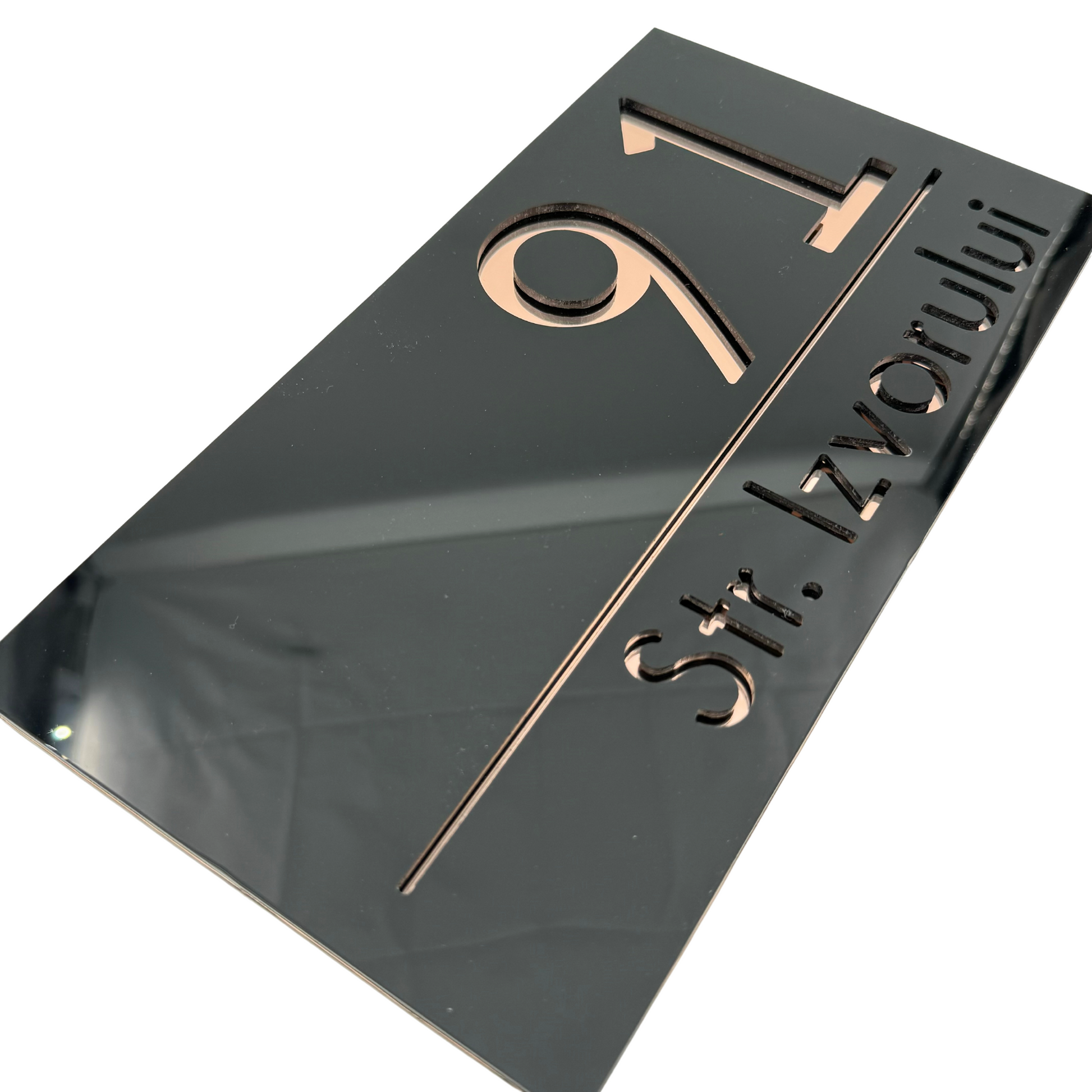 PREMIUM HOUSE NUMBER - Glossy Black Rose Gold Mirror - 28×15 cm