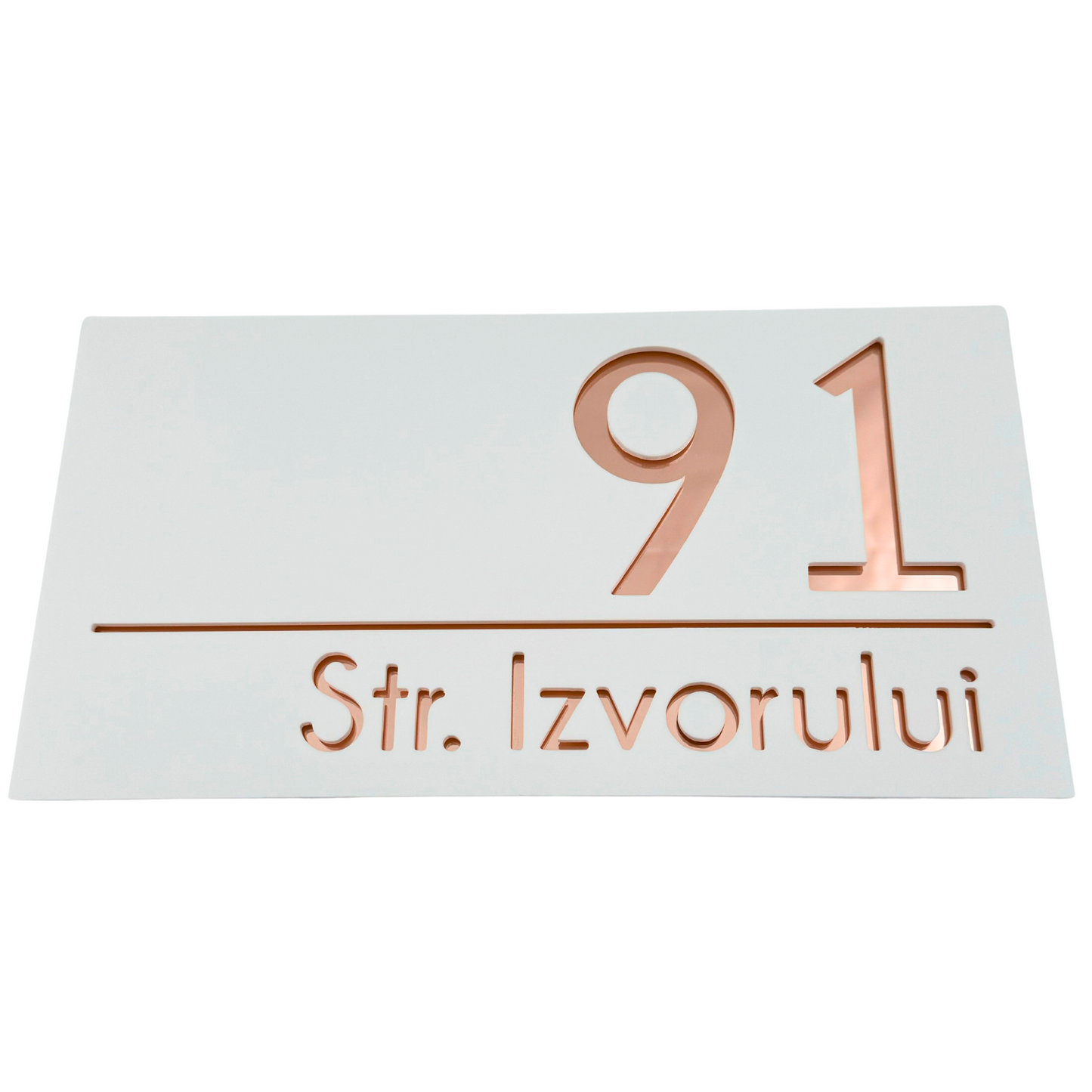 PREMIUM HOUSE NUMBER - White Satin Rose Gold Mirror - 28×15 cm