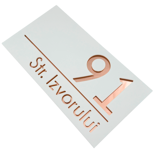 PREMIUM HOUSE NUMBER - White Satin Rose Gold Mirror - 28×15 cm