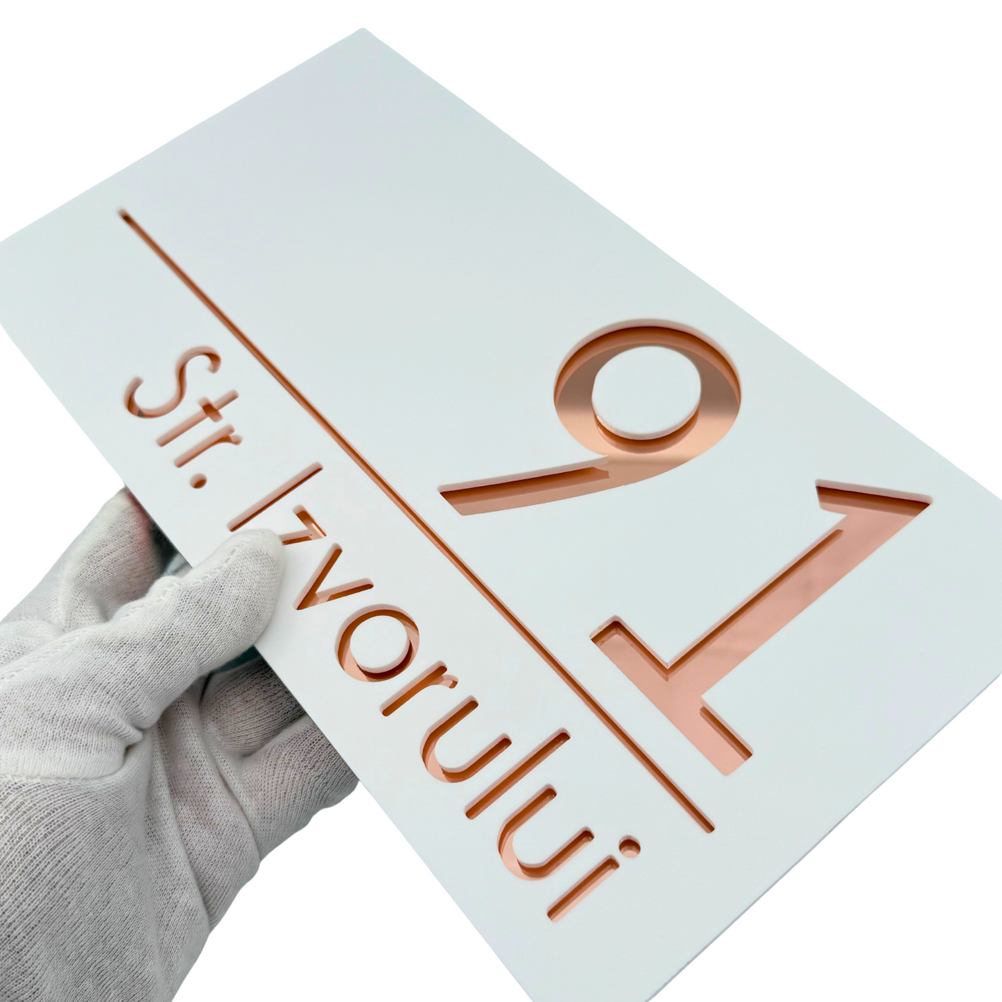 PREMIUM HOUSE NUMBER - White Satin Rose Gold Mirror - 28×15 cm