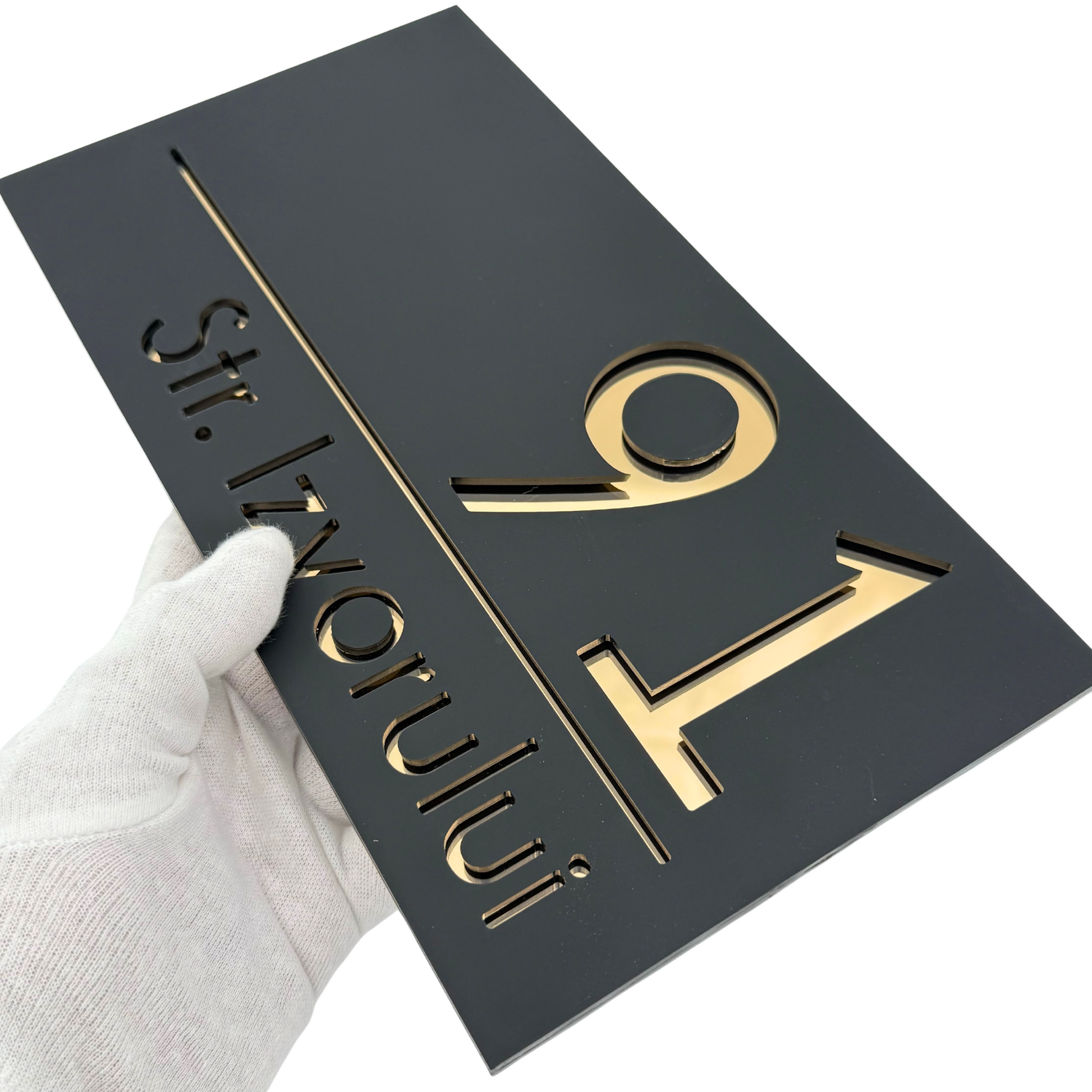 PREMIUM HOUSE NUMBER - Satin Black Gold Mirror - 28×15 cm
