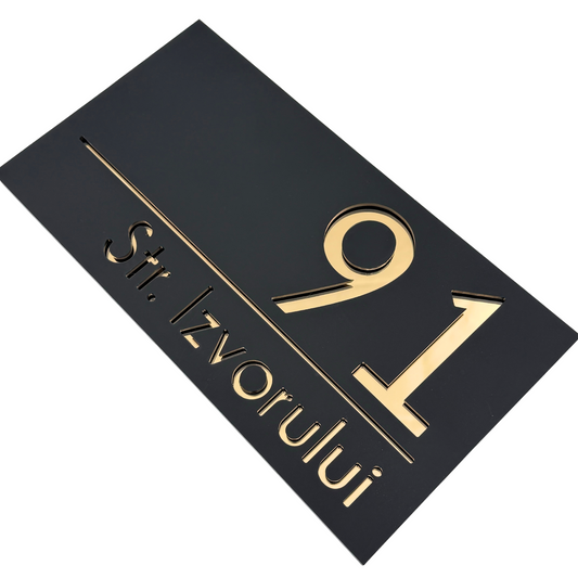 PREMIUM HOUSE NUMBER - Satin Black Gold Mirror - 28×15 cm