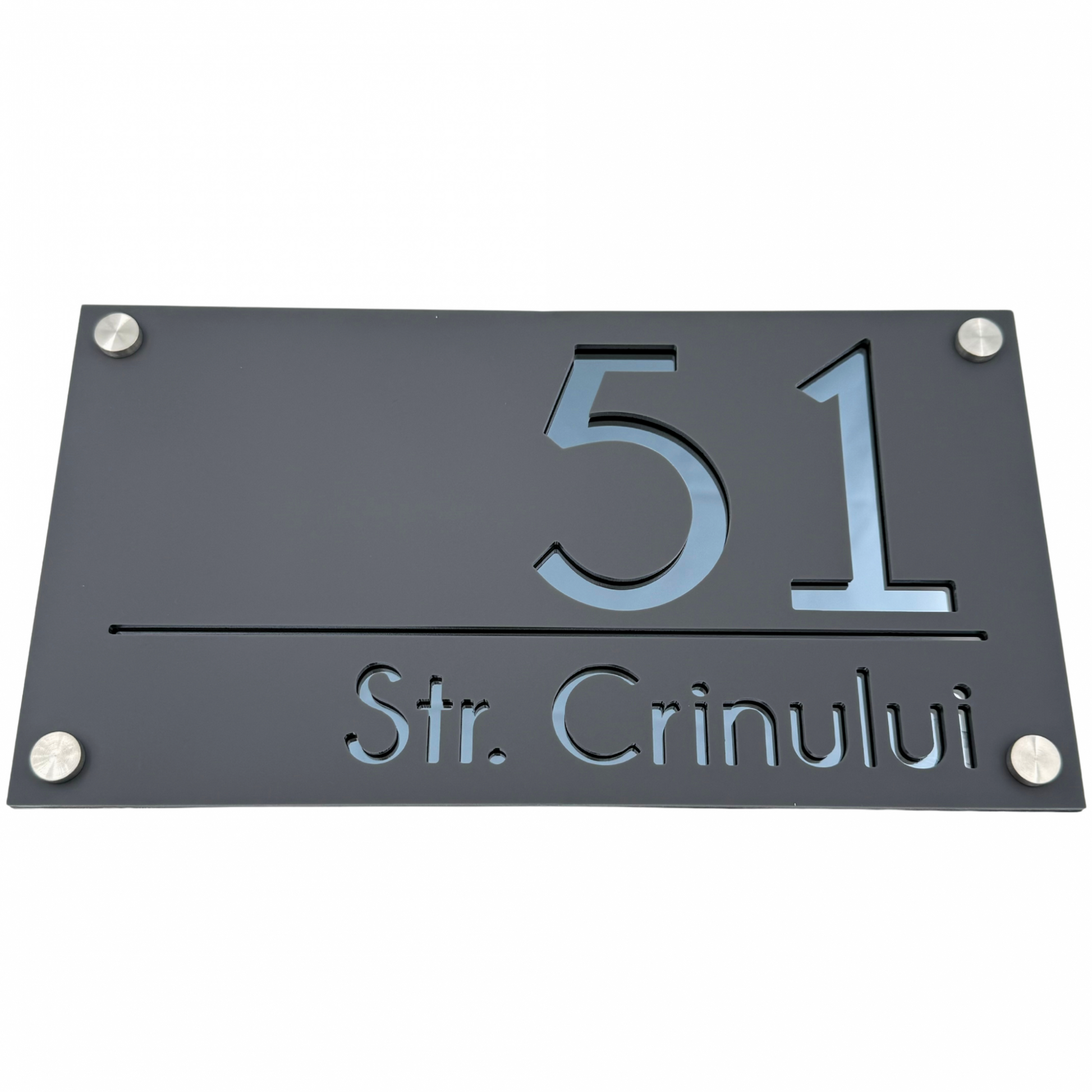PREMIUM HOUSE NUMBER - Satin Grey Anthracite Grey Mirror 4 Spacers Silver - 28×15 cm