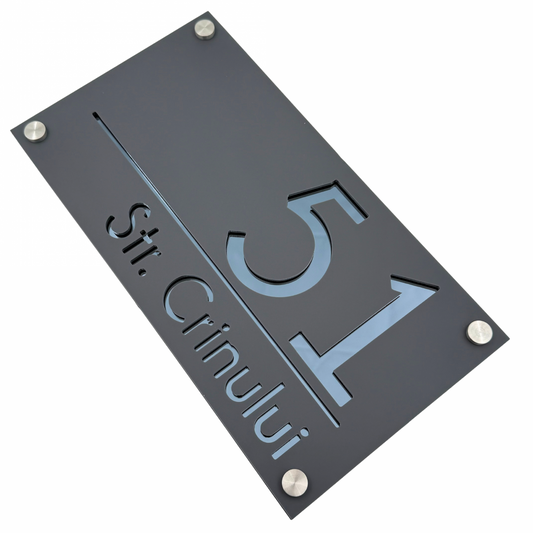 PREMIUM HOUSE NUMBER - Satin Grey Anthracite Grey Mirror 4 Spacers Silver - 28×15 cm