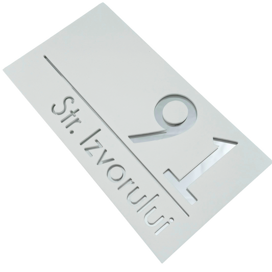 PREMIUM HOUSE NUMBER - White Satin Silver Mirror - 28×15 cm