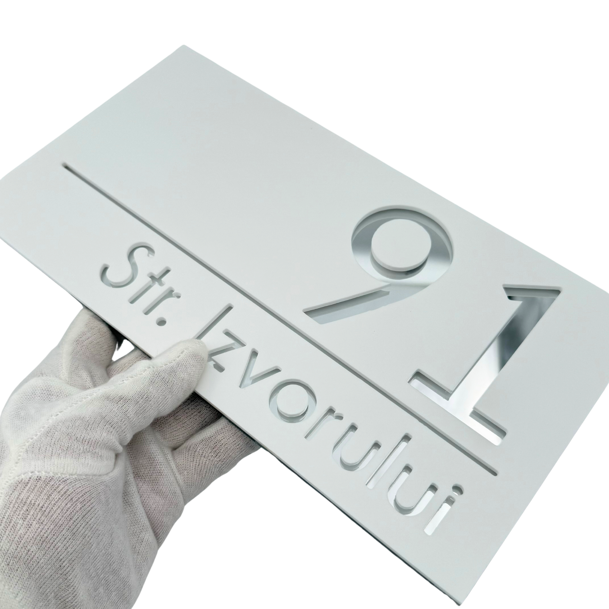PREMIUM HOUSE NUMBER - White Satin Silver Mirror - 28×15 cm