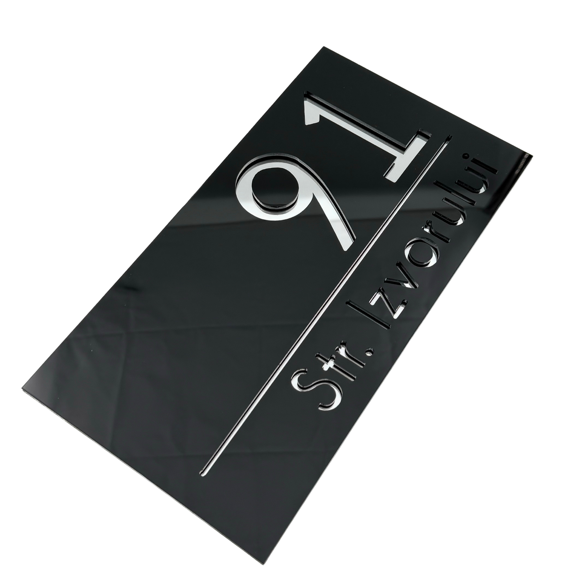 PREMIUM HOUSE NUMBER - Glossy Black Silver Mirror - 28×15 cm