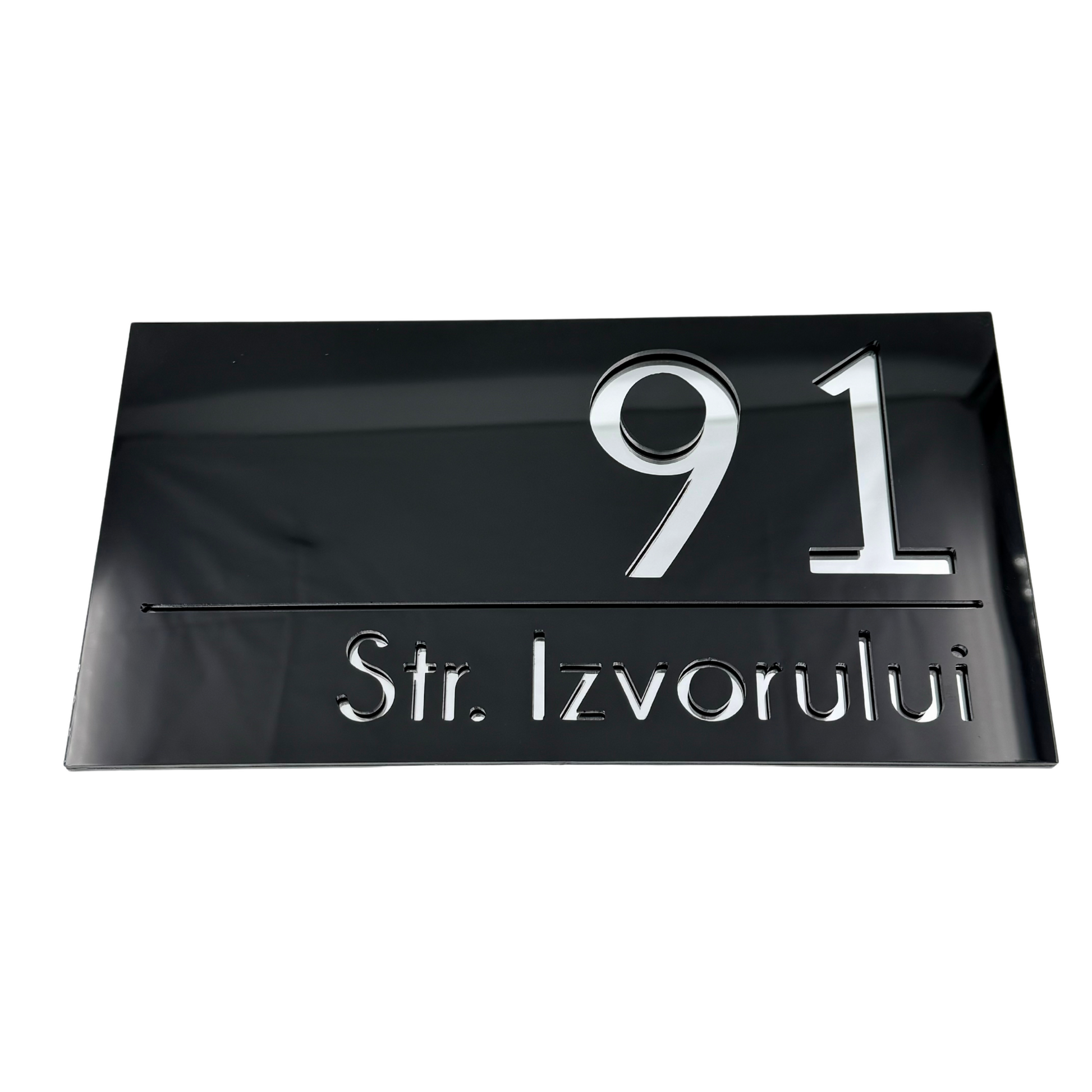 PREMIUM HOUSE NUMBER - Glossy Black Silver Mirror - 28×15 cm