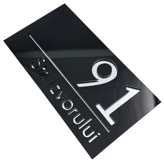 PREMIUM HOUSE NUMBER - Glossy Black Silver Mirror - 28×15 cm