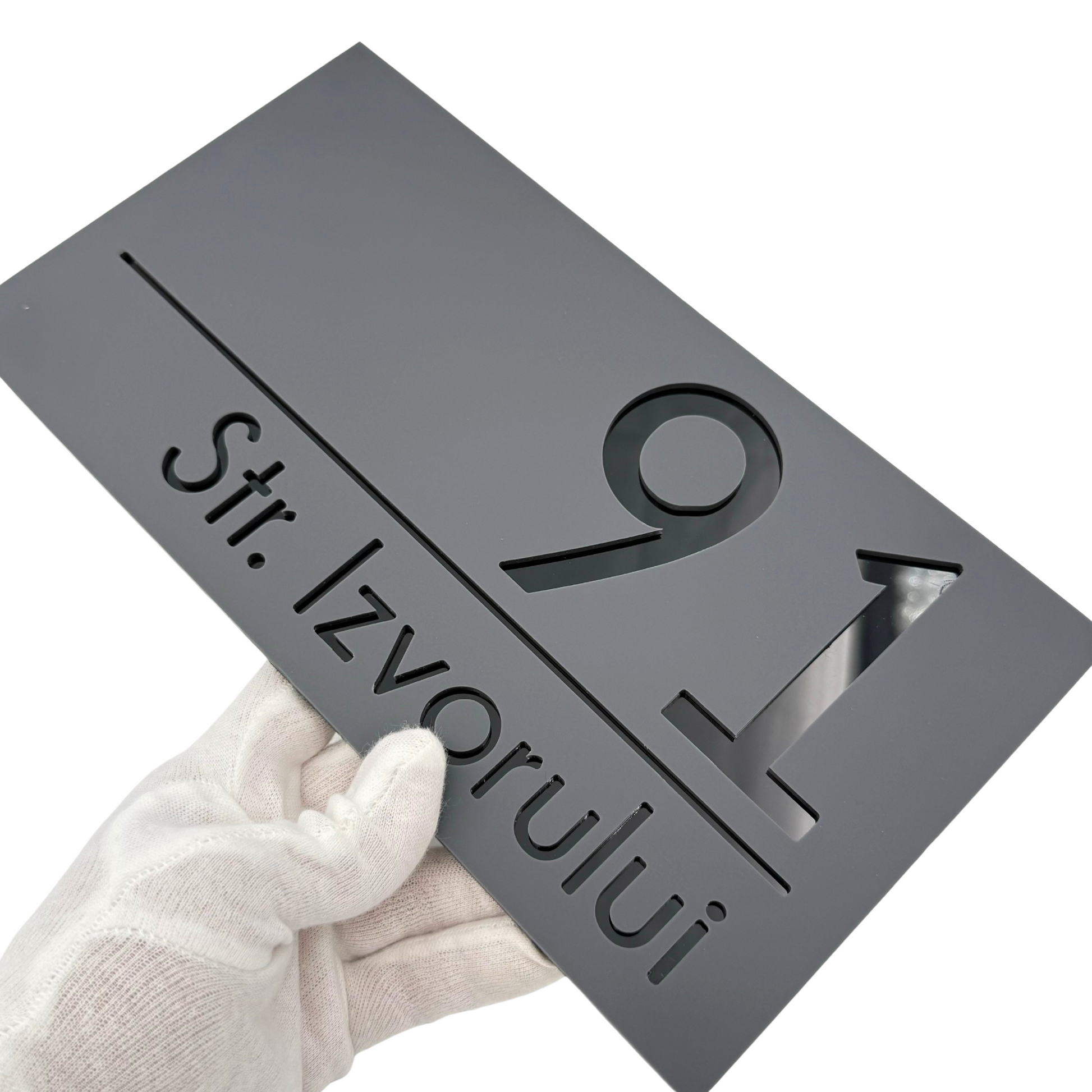 PREMIUM HOUSE NUMBER - Satin Grey Glossy Black - 28×15 cm