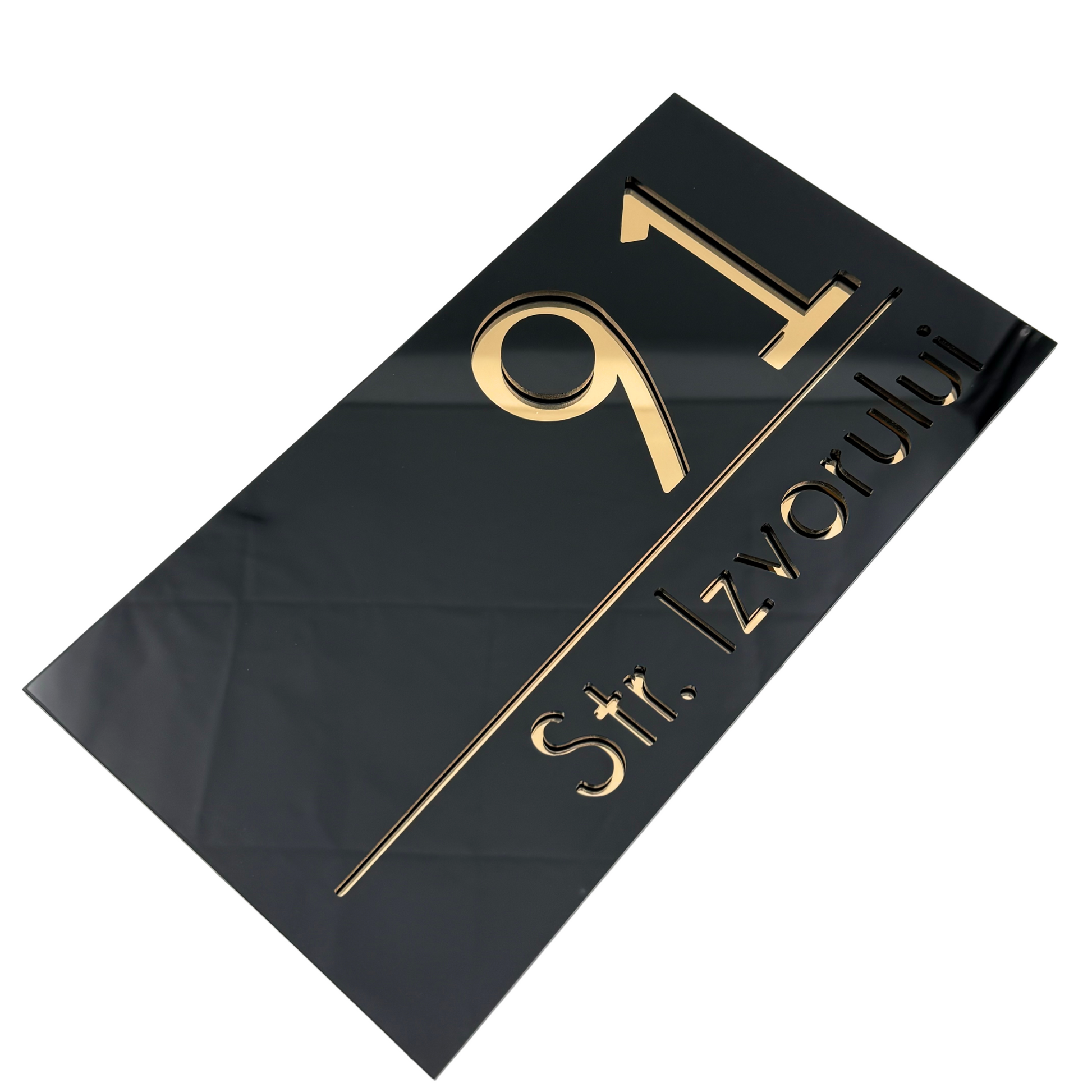 PREMIUM HOUSE NUMBER - Glossy Black Gold Mirror - 28×15 cm