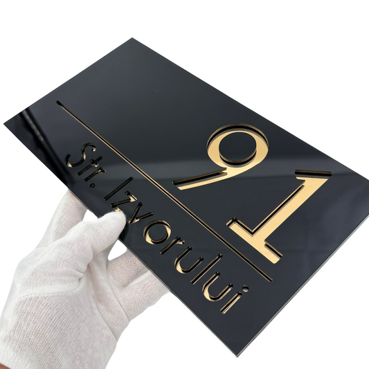 PREMIUM HOUSE NUMBER - Glossy Black Gold Mirror - 28×15 cm