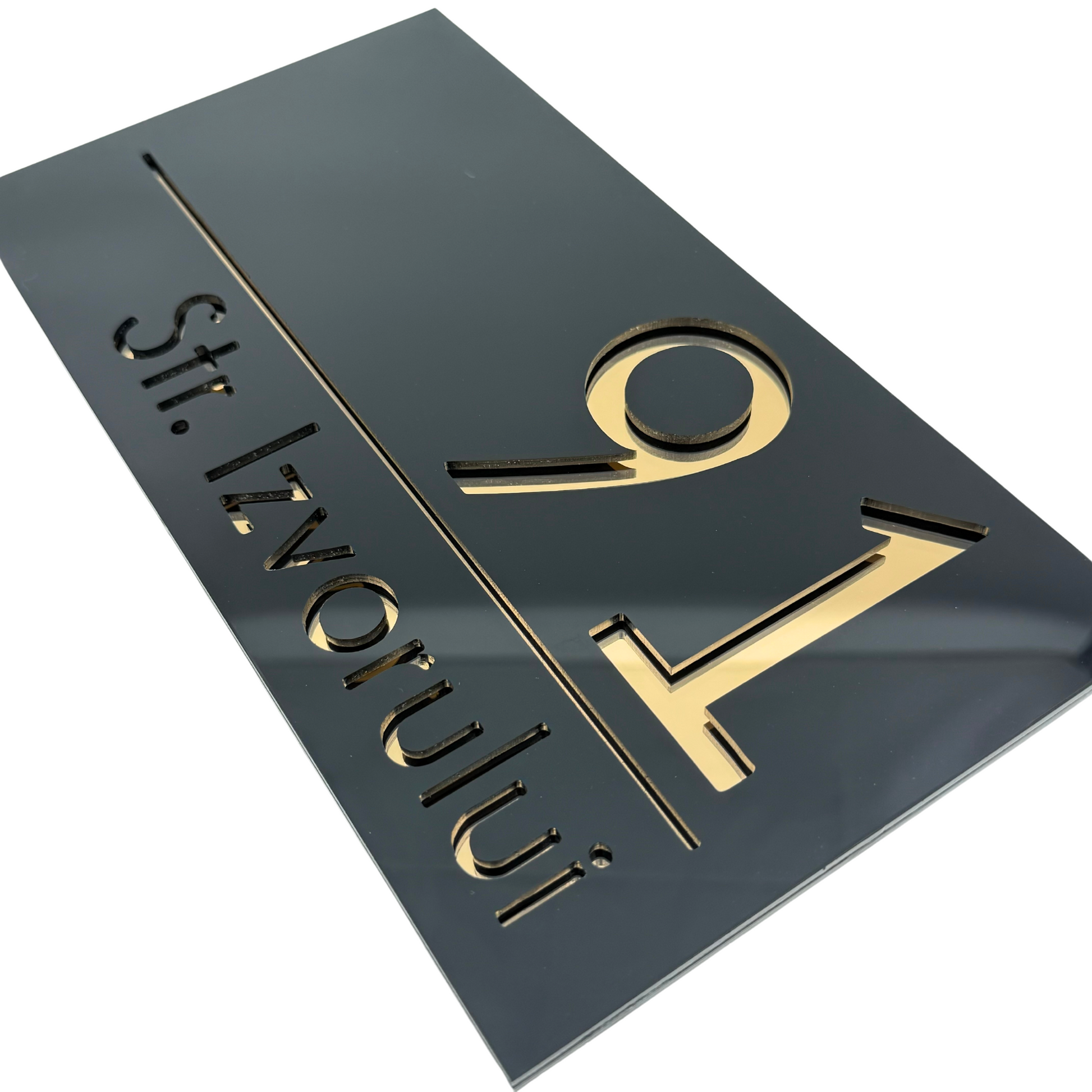 PREMIUM HOUSE NUMBER - Glossy Black Gold Mirror - 28×15 cm