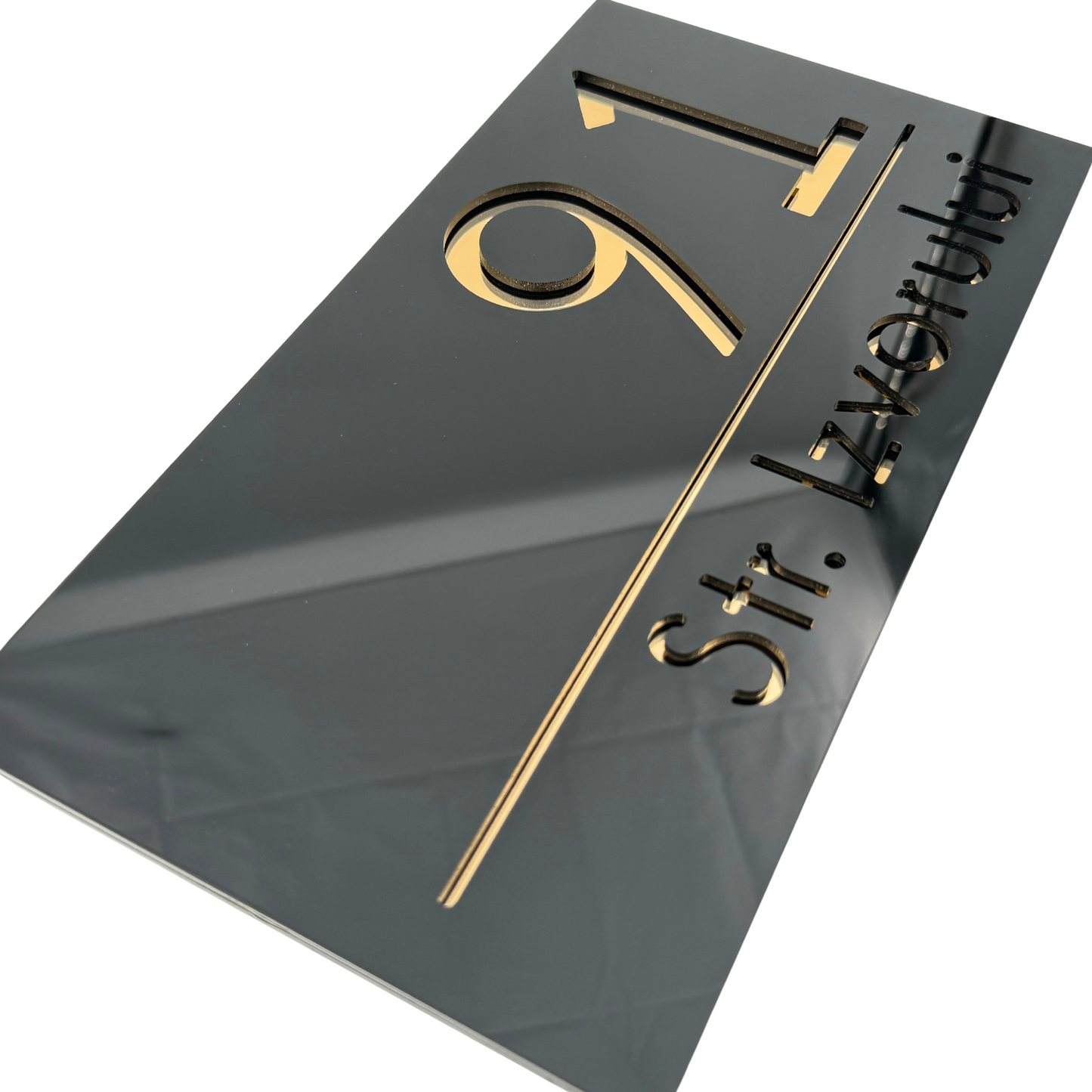 PREMIUM HOUSE NUMBER - Glossy Black Gold Mirror - 28×15 cm