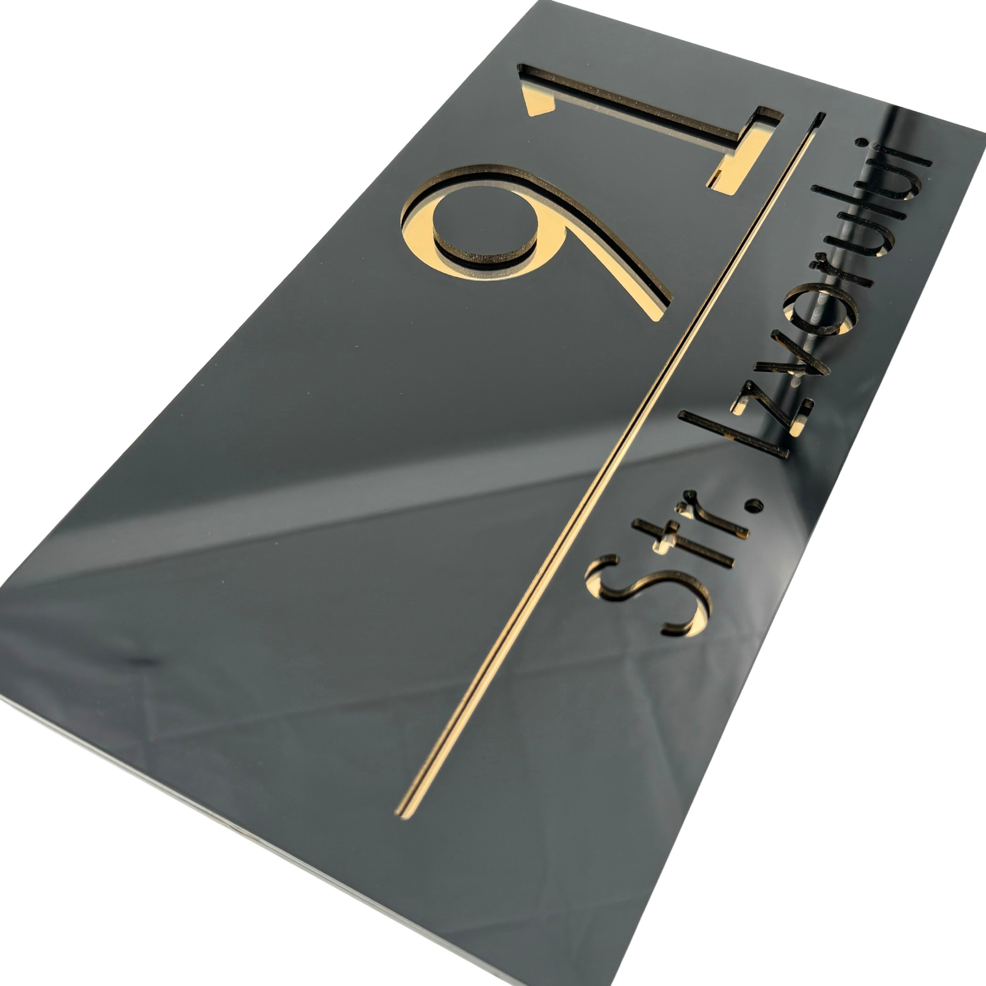 PREMIUM HOUSE NUMBER - Glossy Black Gold Mirror - 28×15 cm