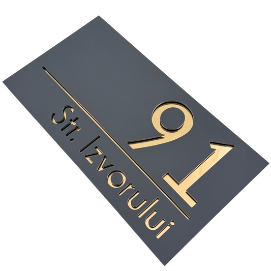 PREMIUM HOUSE NUMBER - Satin Grey Gold Mirror - 28×15 cm
