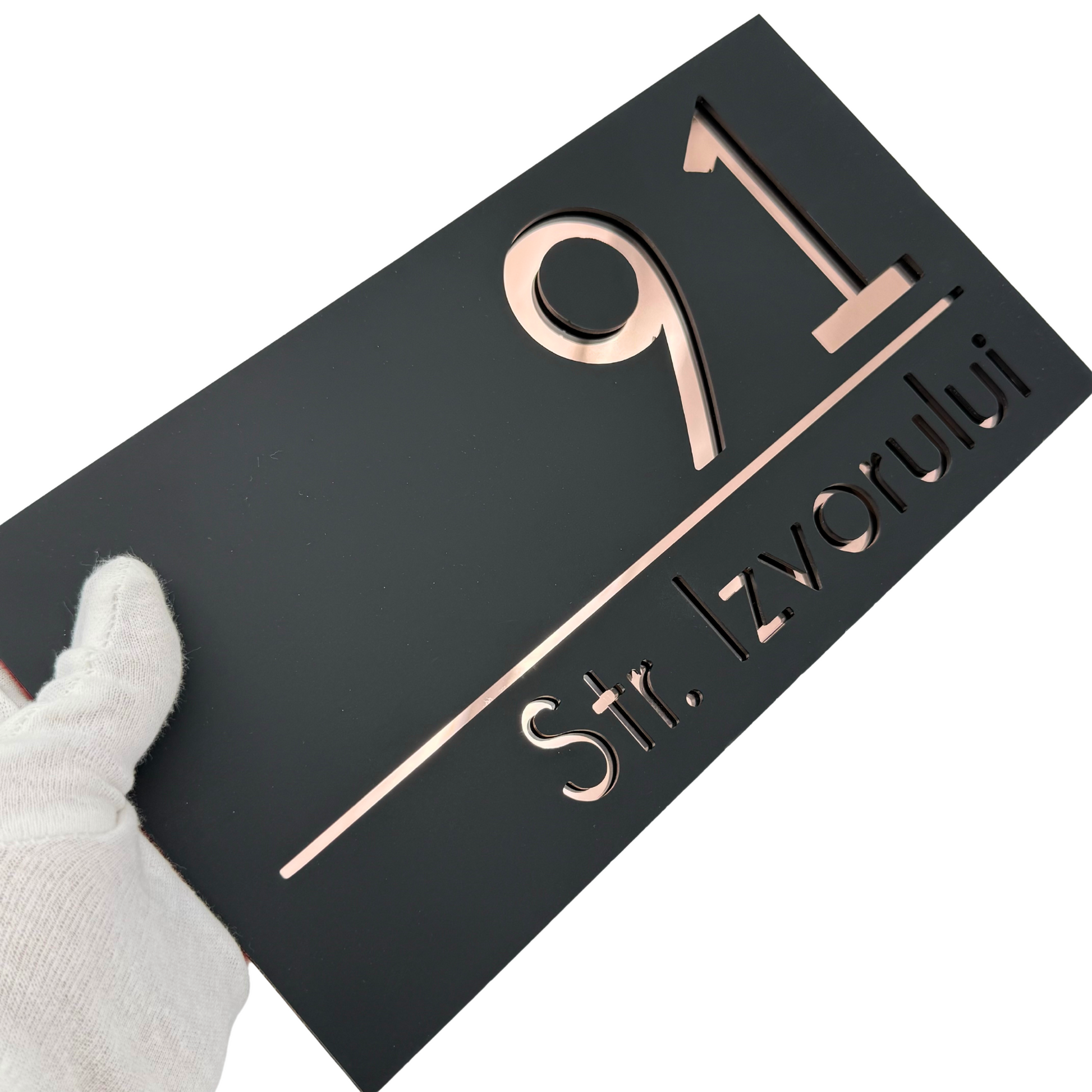 PREMIUM HOUSE NUMBER - Satin Black Rose Gold Mirror - 28×15 cm