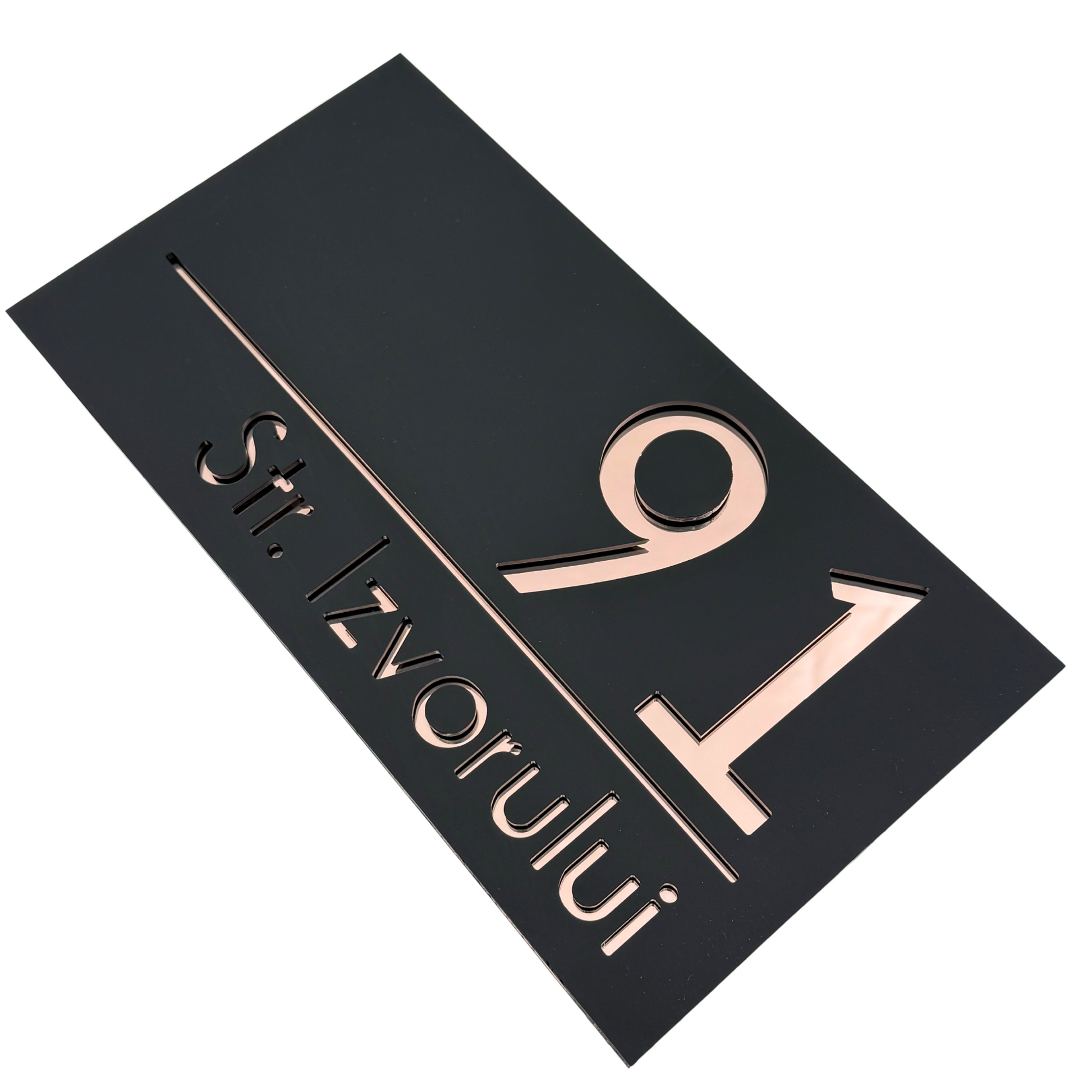PREMIUM HOUSE NUMBER - Satin Black Rose Gold Mirror - 28×15 cm