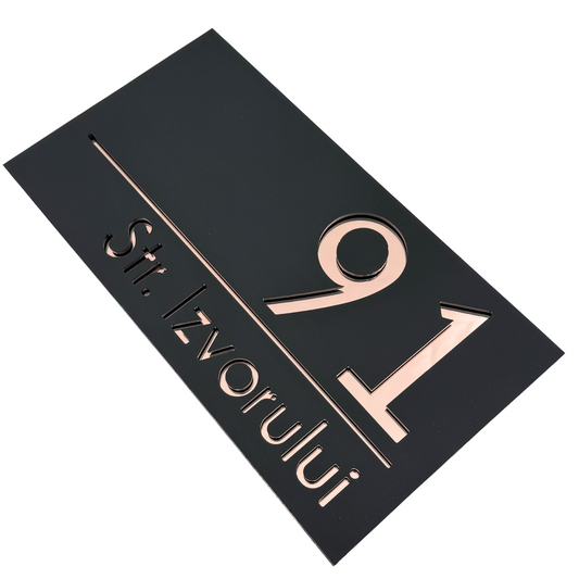 PREMIUM HOUSE NUMBER - Satin Black Rose Gold Mirror - 28×15 cm