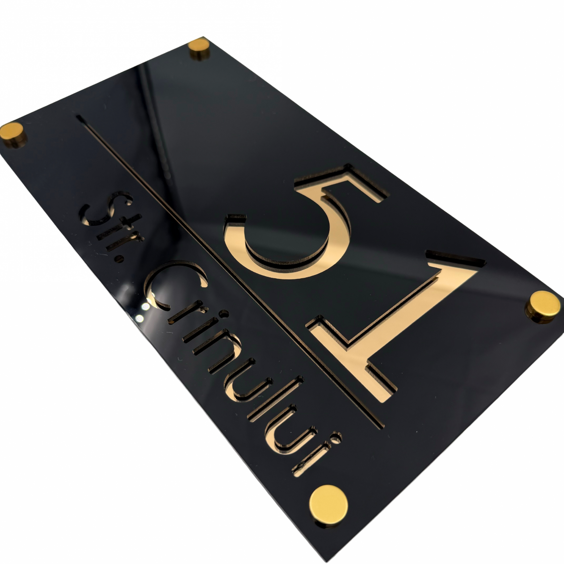 PREMIUM HOUSE NUMBER - Glossy Black Gold Mirror 4 Spacers Gold - 28×15 cm