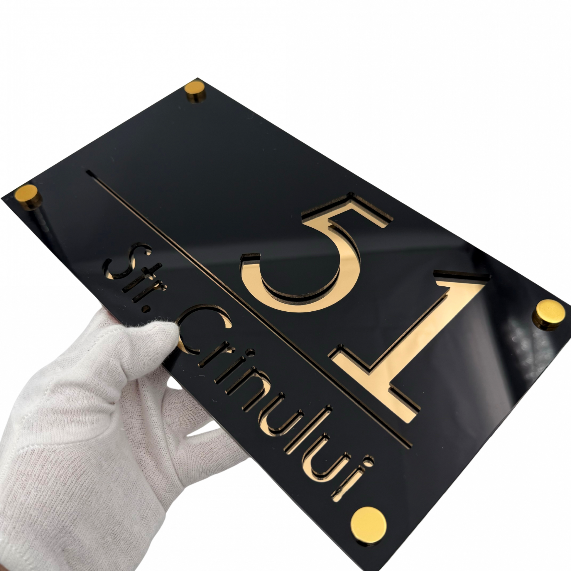 PREMIUM HOUSE NUMBER - Glossy Black Gold Mirror 4 Spacers Gold - 28×15 cm