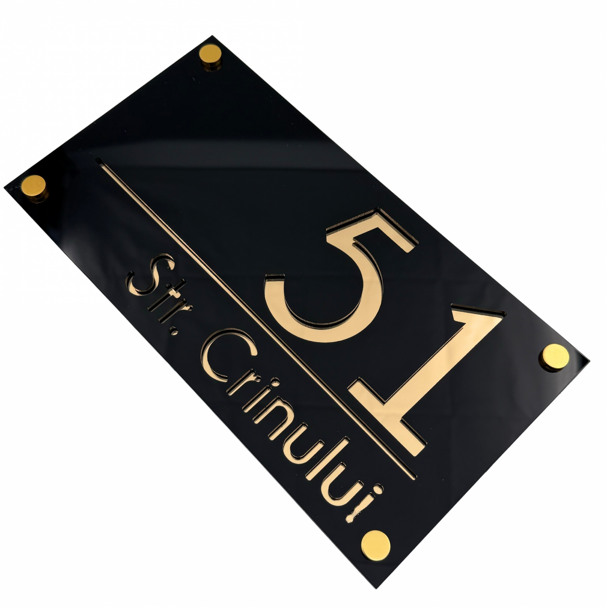 PREMIUM HOUSE NUMBER - Glossy Black Gold Mirror 4 Spacers Gold - 28×15 cm