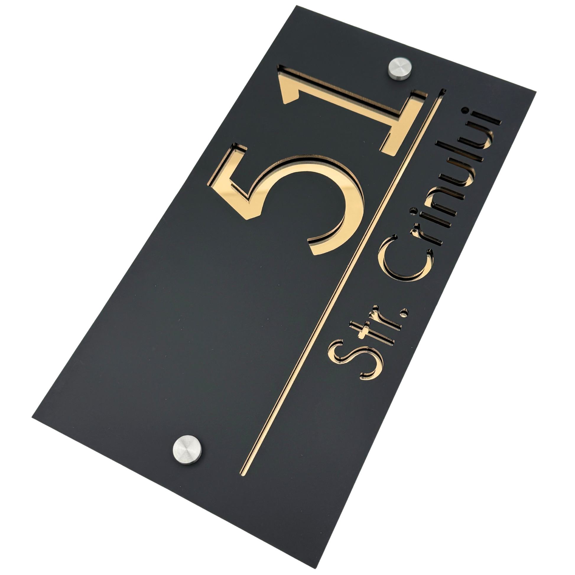 PREMIUM HOUSE NUMBER - Satin Black Gold Mirror 2 Spacers Silver - 28×15 cm
