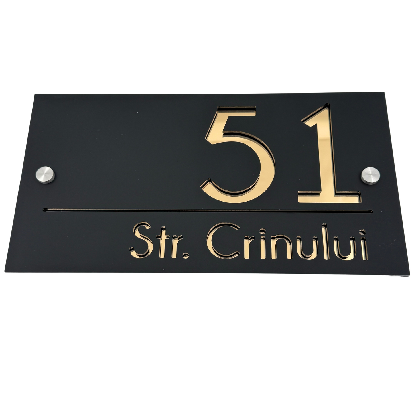 PREMIUM HOUSE NUMBER - Satin Black Gold Mirror 2 Spacers Silver - 28×15 cm