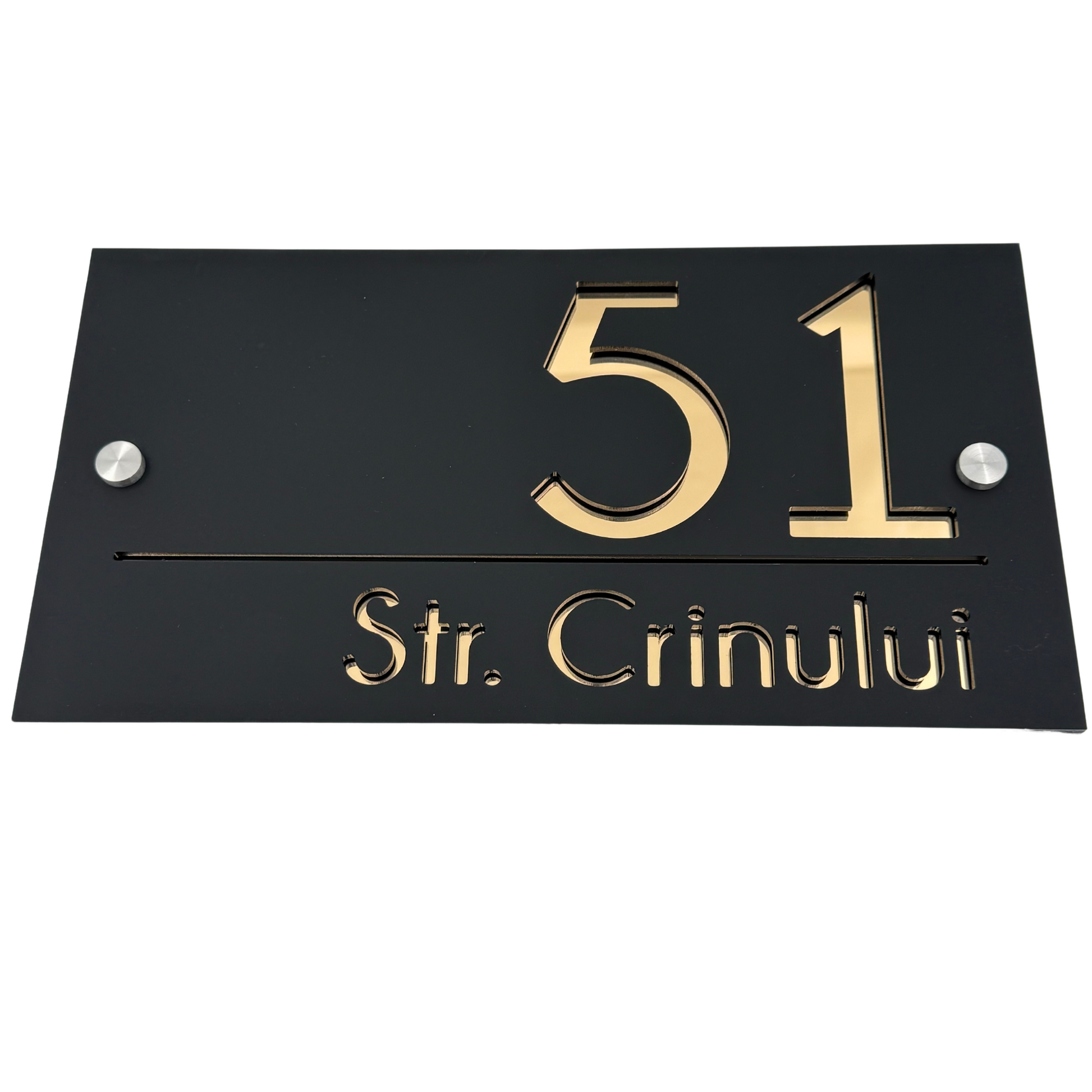 PREMIUM HOUSE NUMBER - Satin Black Gold Mirror 2 Spacers Silver - 28×15 cm