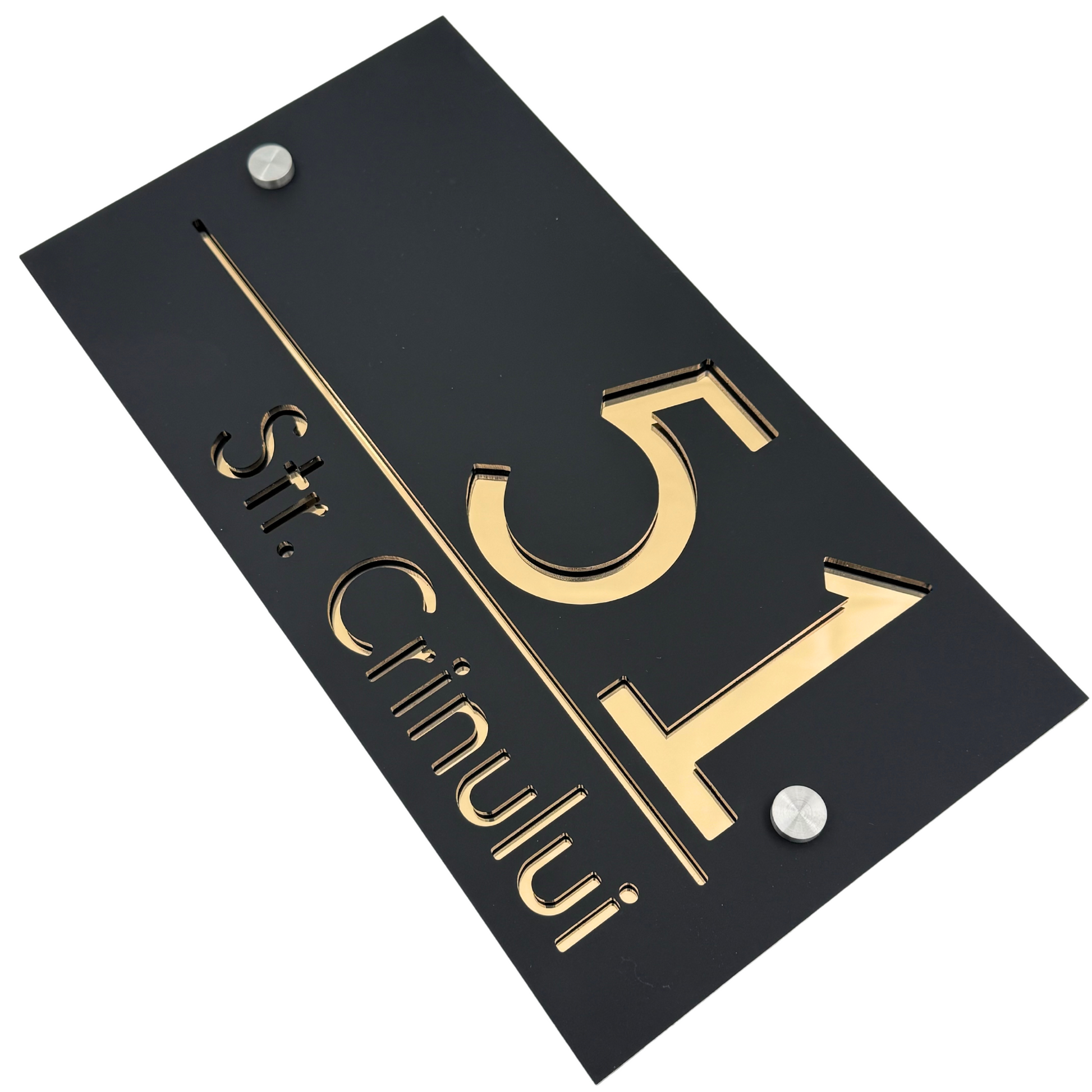 PREMIUM HOUSE NUMBER - Satin Black Gold Mirror 2 Spacers Silver - 28×15 cm