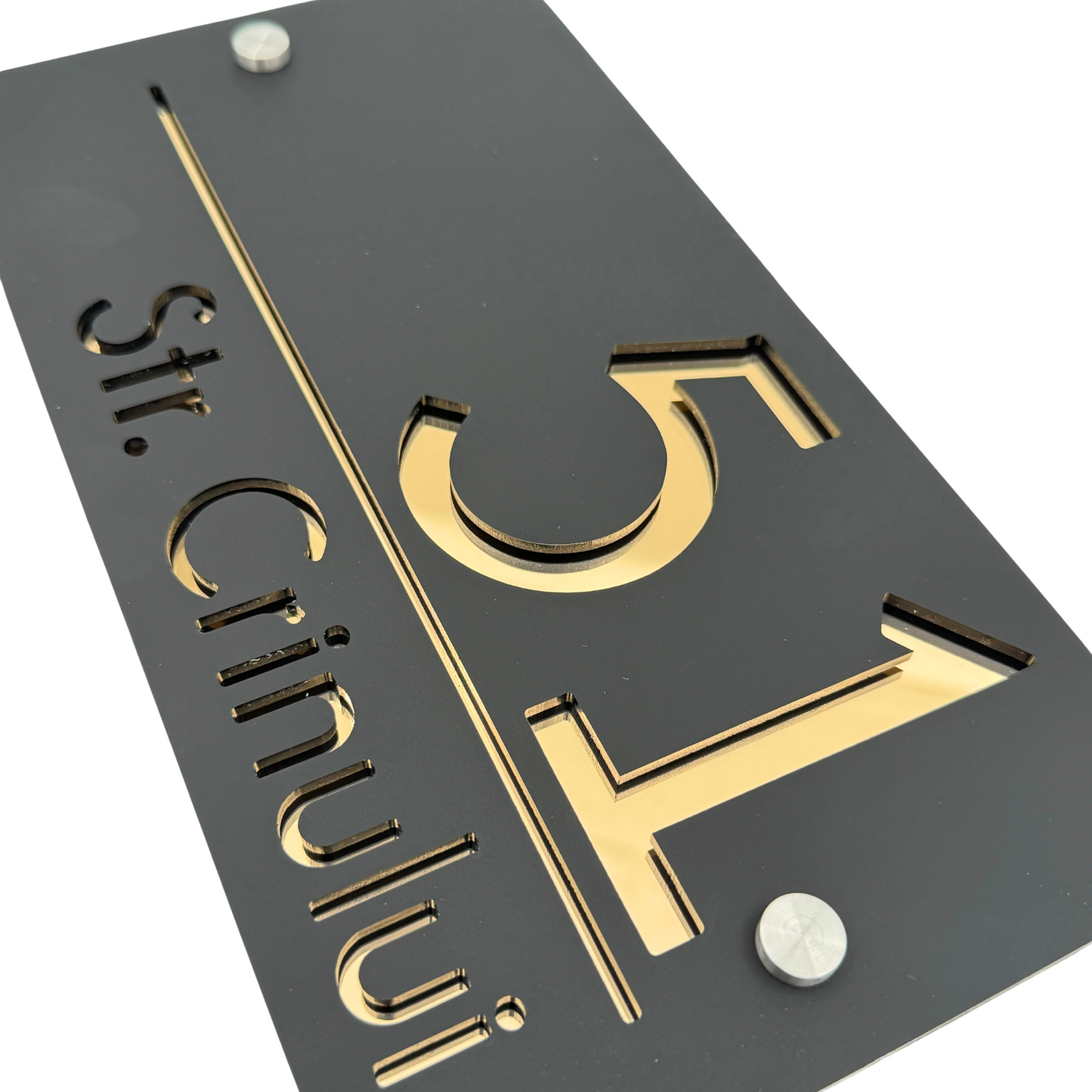 PREMIUM HOUSE NUMBER - Satin Black Gold Mirror 2 Spacers Silver - 28×15 cm