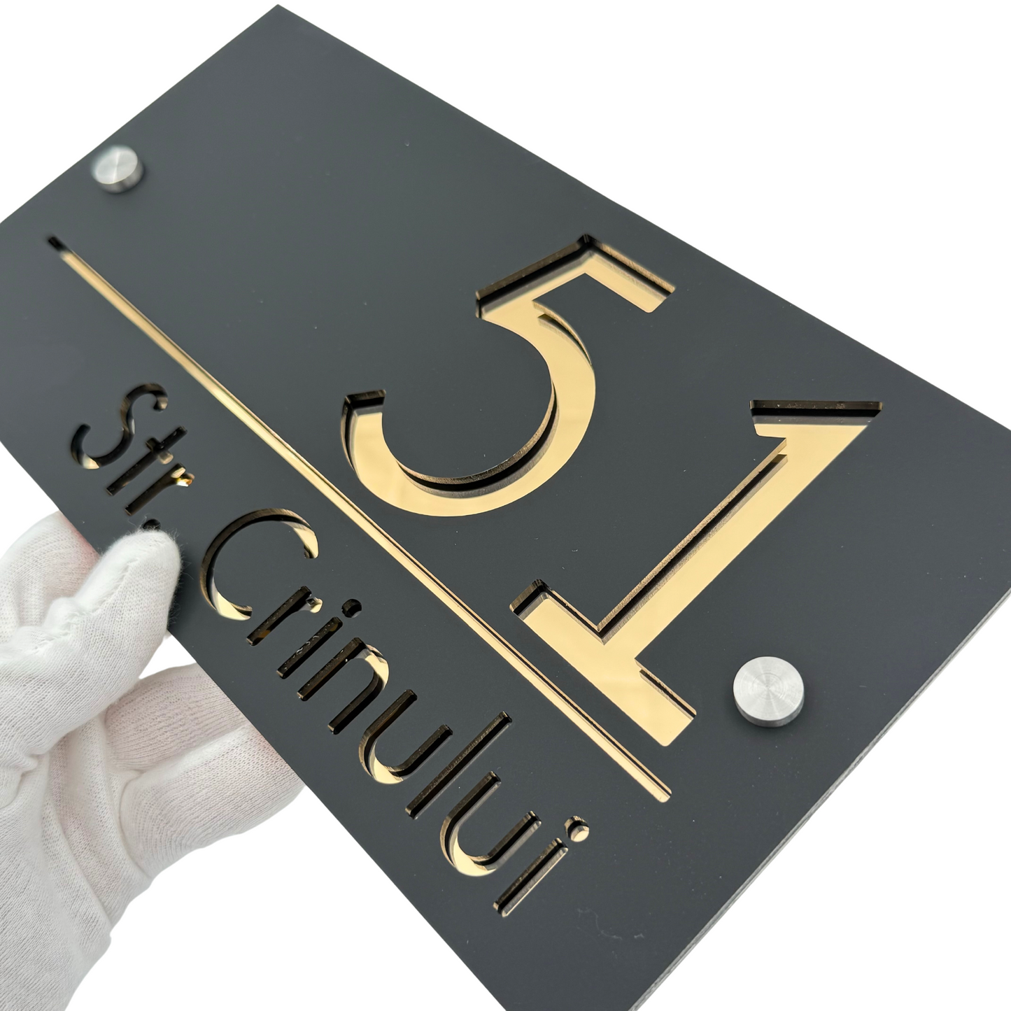 PREMIUM HOUSE NUMBER - Satin Black Gold Mirror 2 Spacers Silver - 28×15 cm