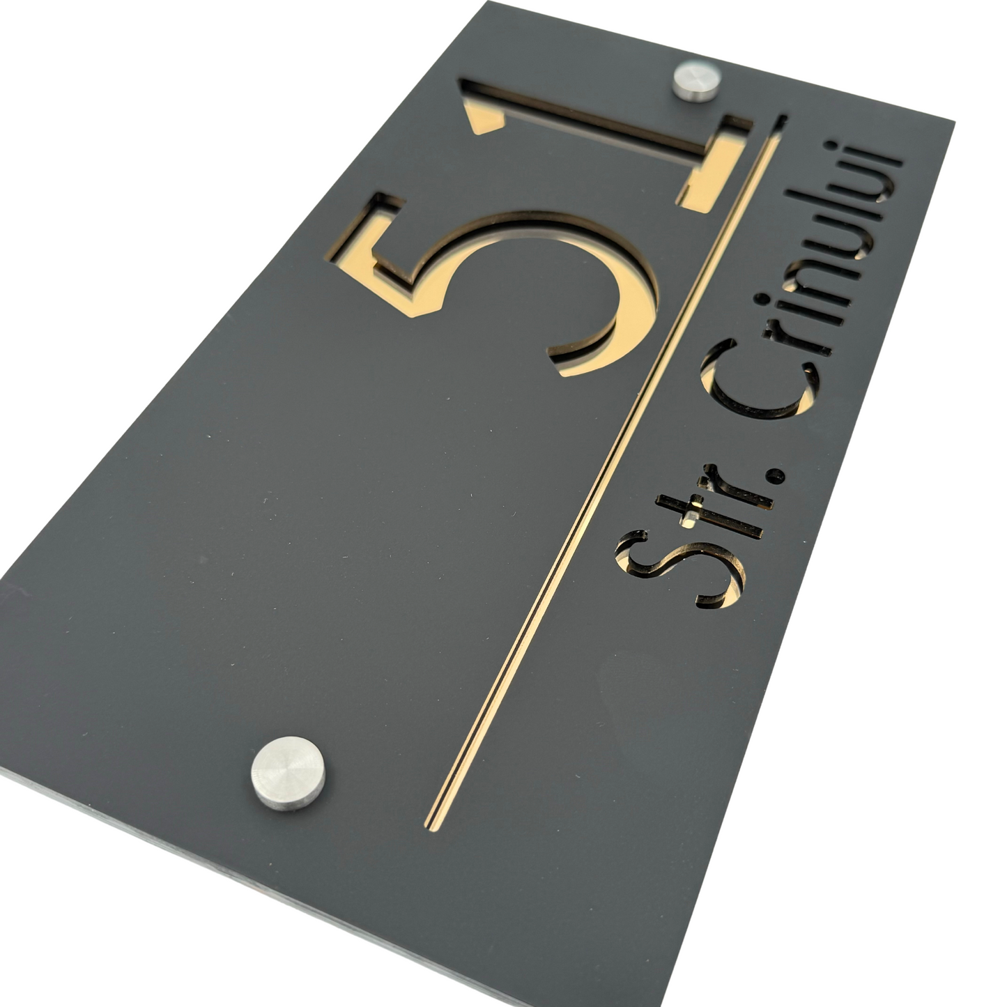 PREMIUM HOUSE NUMBER - Satin Black Gold Mirror 2 Spacers Silver - 28×15 cm