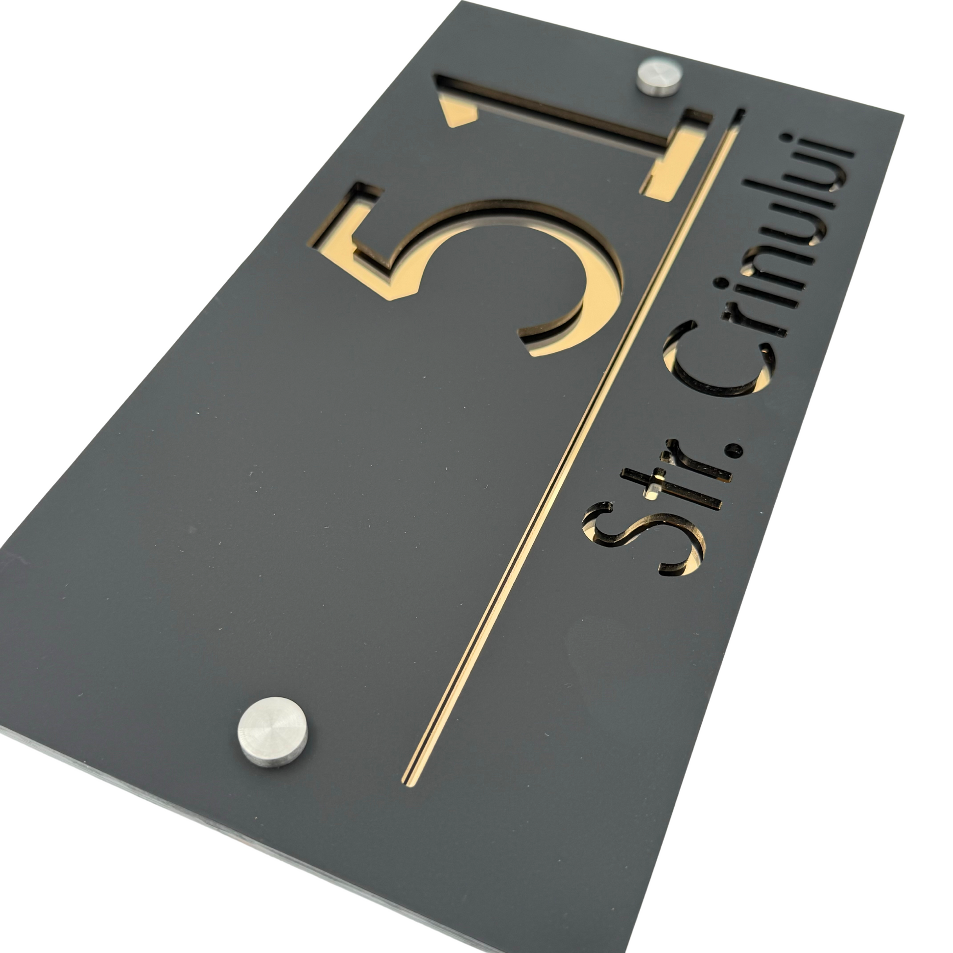 PREMIUM HOUSE NUMBER - Satin Black Gold Mirror 2 Spacers Silver - 28×15 cm