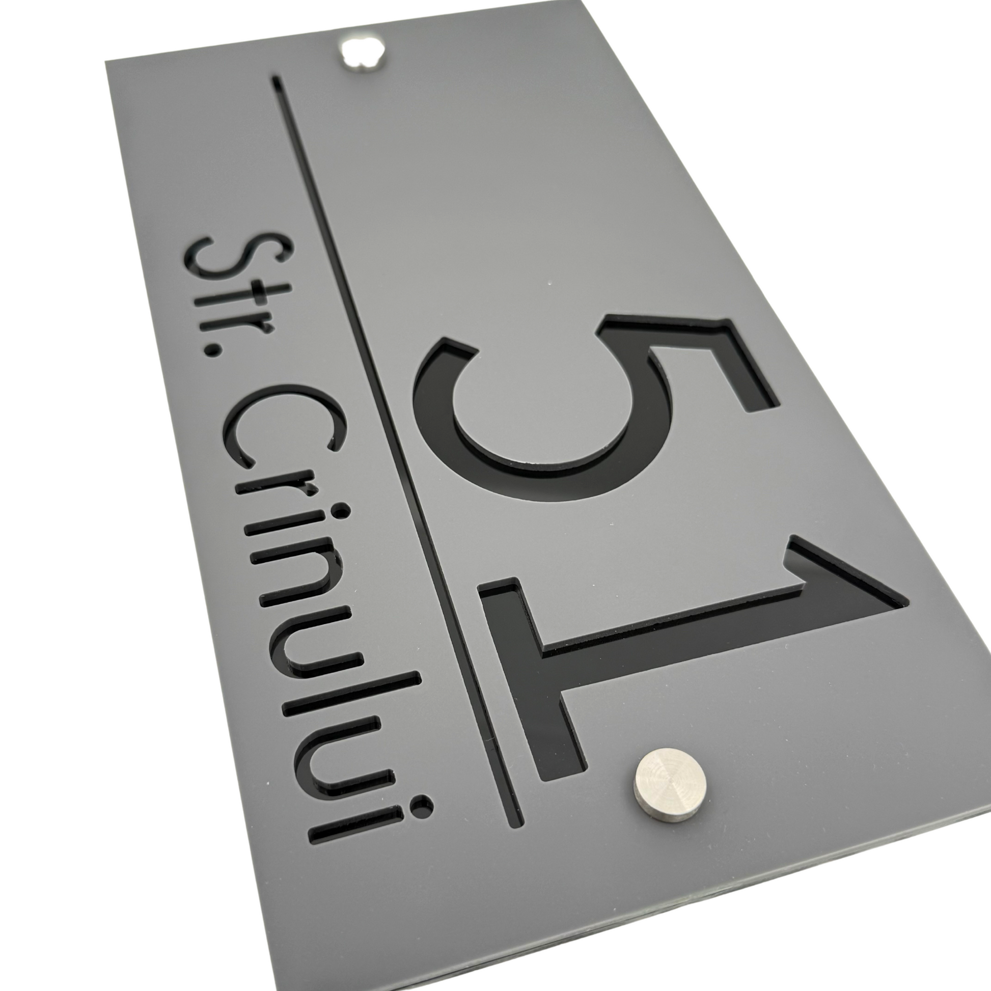 PREMIUM HOUSE NUMBER - Satin Grey Glossy Black 2 Spacers Silver - 28×15 cm