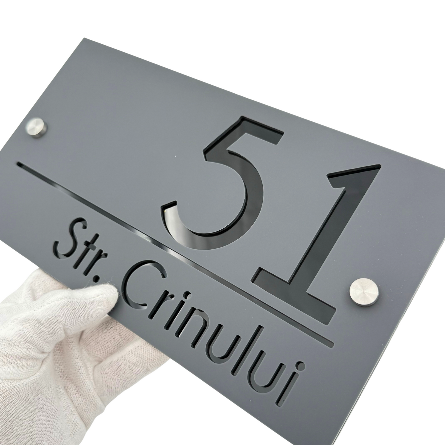 PREMIUM HOUSE NUMBER - Satin Grey Glossy Black 2 Spacers Silver - 28×15 cm