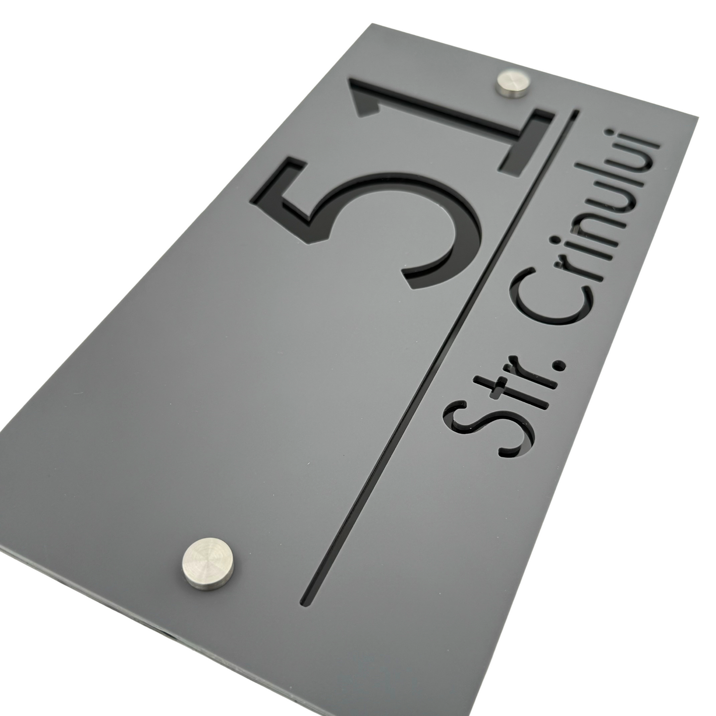 PREMIUM HOUSE NUMBER - Satin Grey Glossy Black 2 Spacers Silver - 28×15 cm
