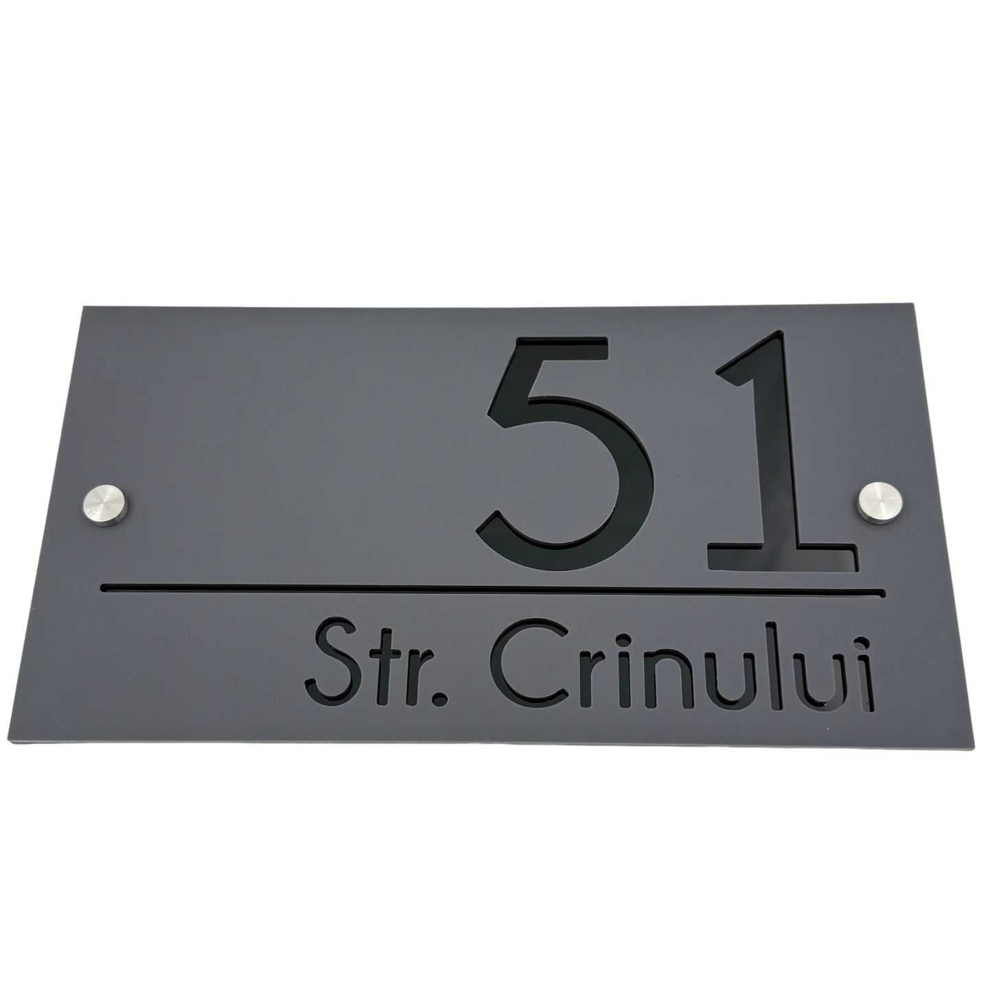 PREMIUM HOUSE NUMBER - Satin Grey Glossy Black 2 Spacers Silver - 28×15 cm