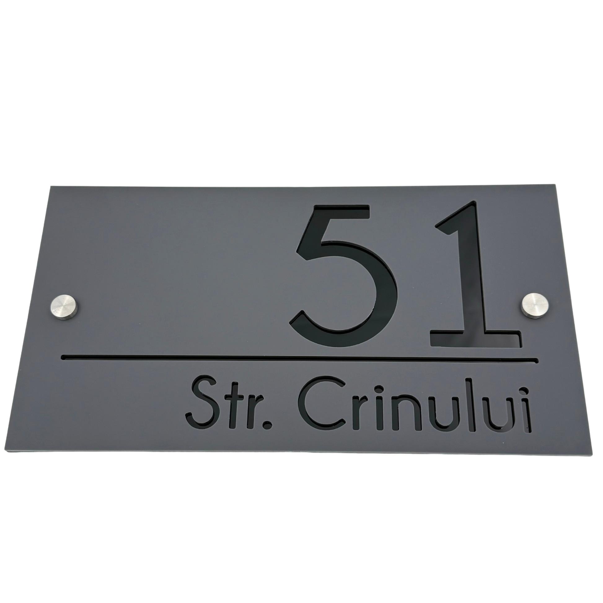 PREMIUM HOUSE NUMBER - Satin Grey Glossy Black 2 Spacers Silver - 28×15 cm