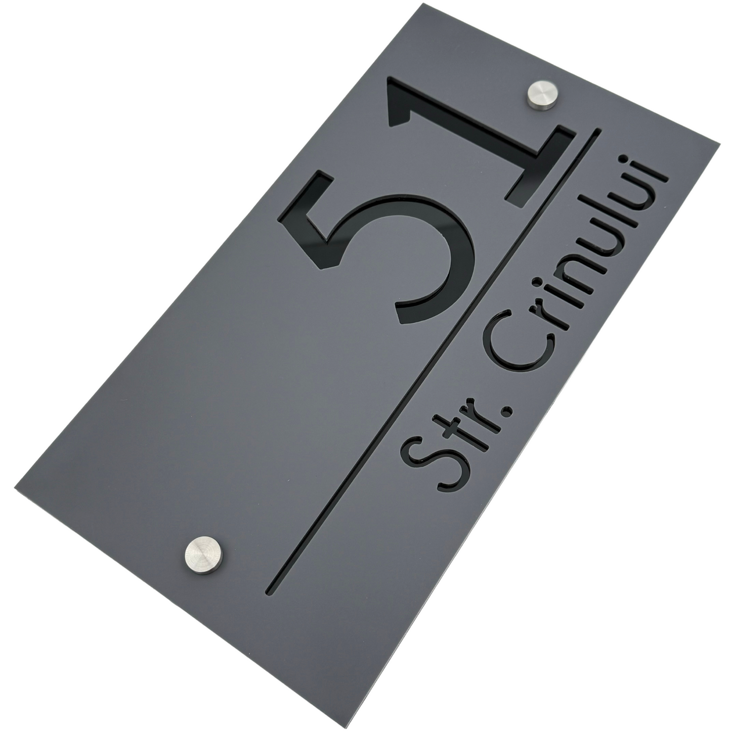 PREMIUM HOUSE NUMBER - Satin Grey Glossy Black 2 Spacers Silver - 28×15 cm