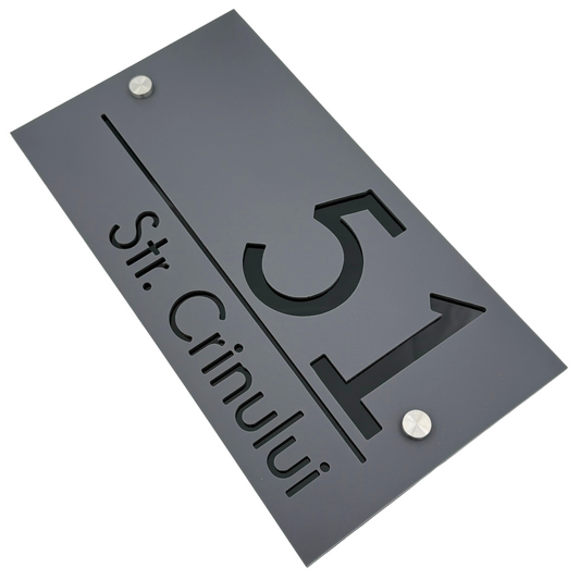 PREMIUM HOUSE NUMBER - Satin Grey Glossy Black 2 Spacers Silver - 28×15 cm