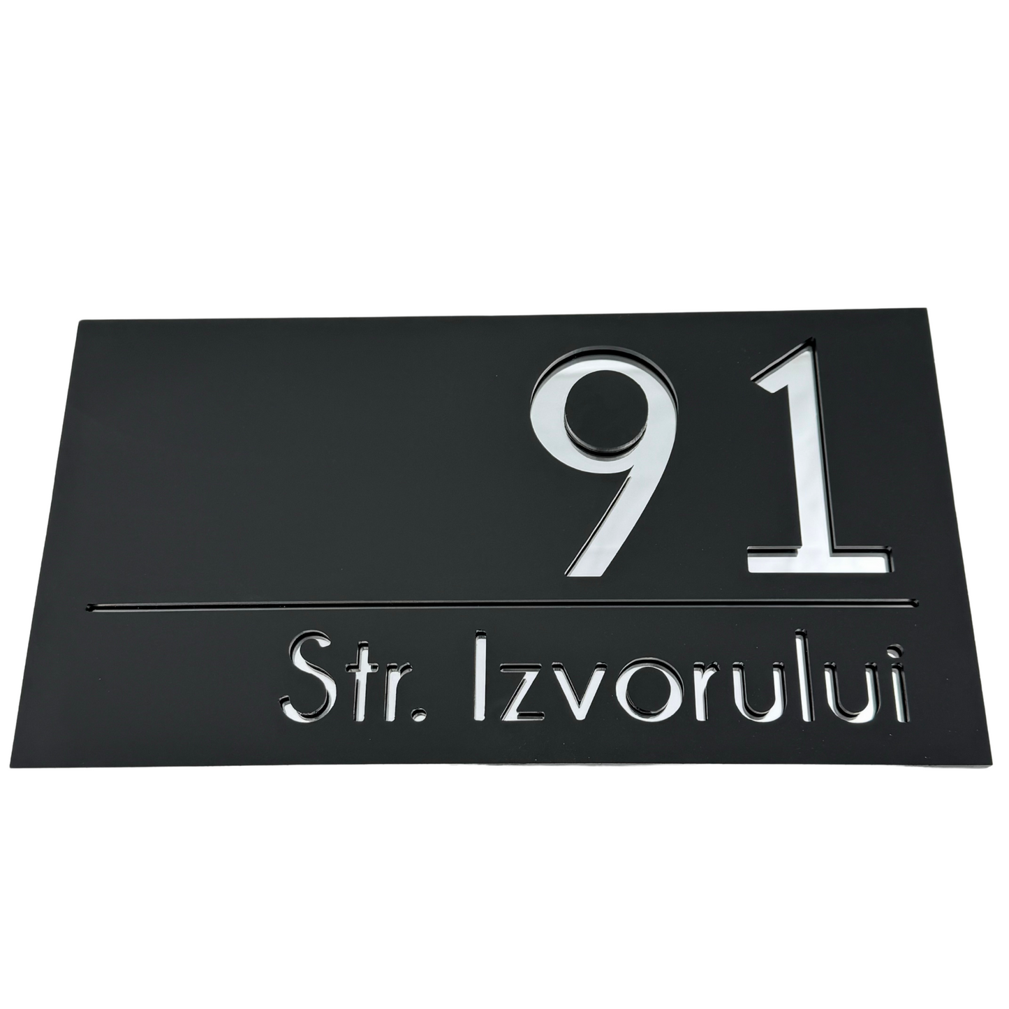 PREMIUM HOUSE NUMBER - Satin Black Silver Mirror - 28×15 cm