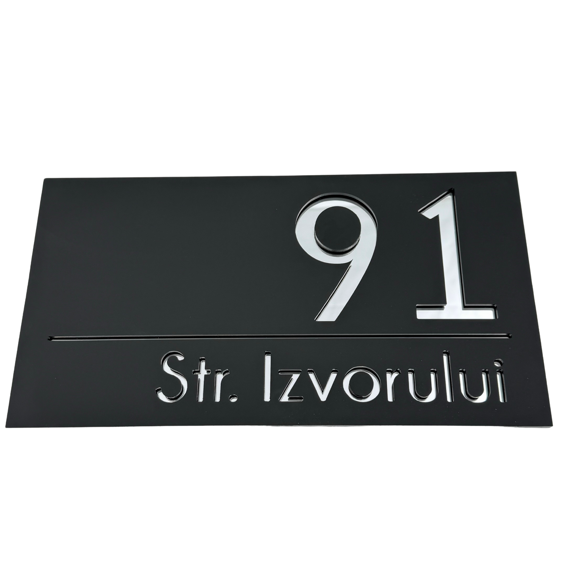 PREMIUM HOUSE NUMBER - Satin Black Silver Mirror - 28×15 cm