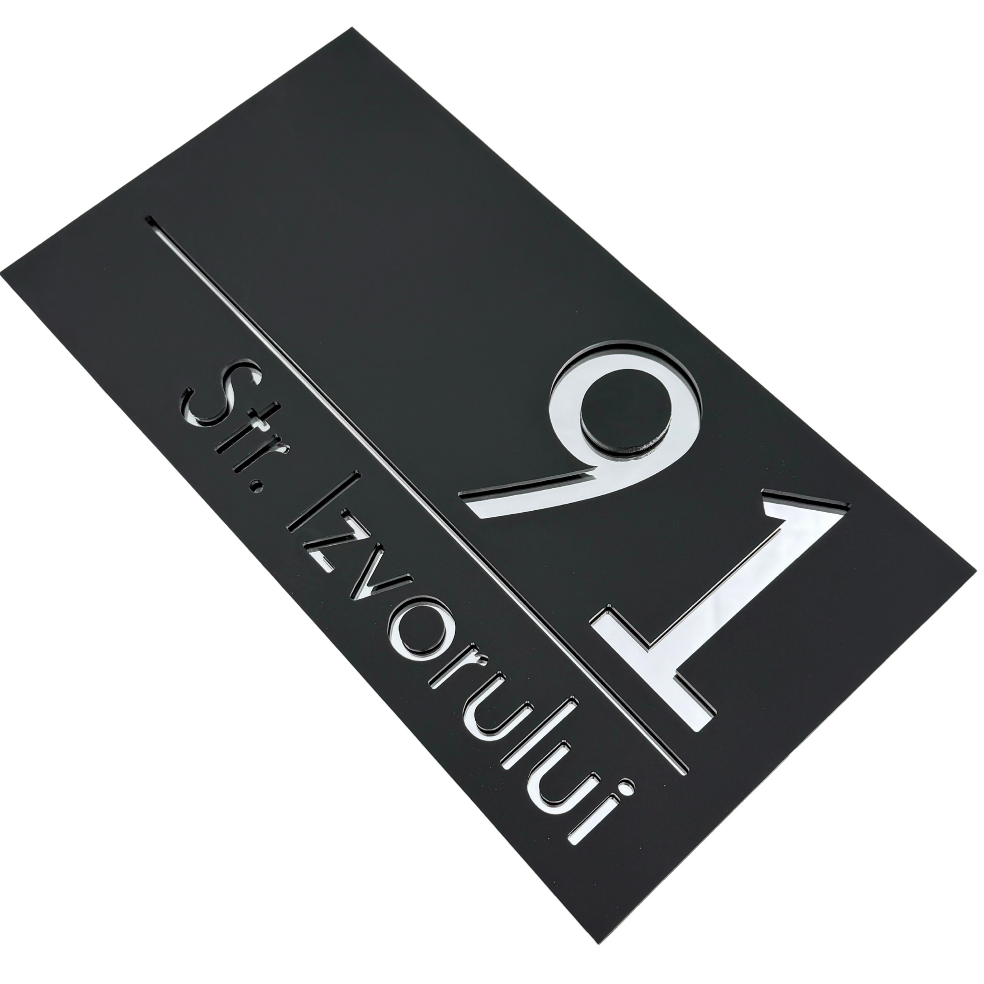 PREMIUM HOUSE NUMBER - Satin Black Silver Mirror - 28×15 cm