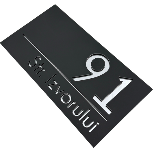 PREMIUM HOUSE NUMBER - Satin Black Silver Mirror - 28×15 cm