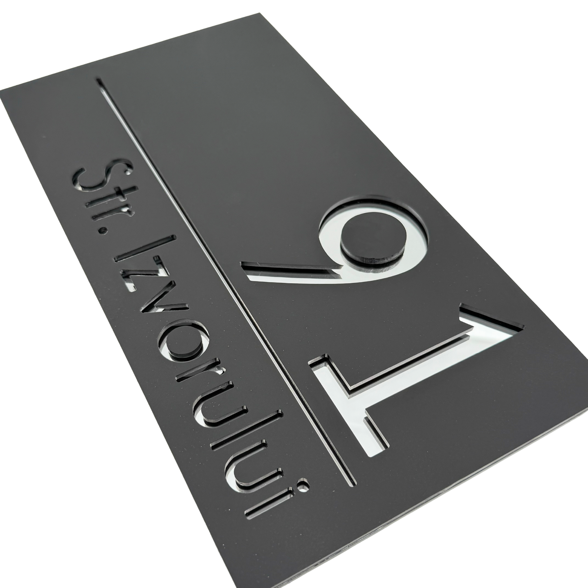 PREMIUM HOUSE NUMBER - Satin Black Silver Mirror - 28×15 cm