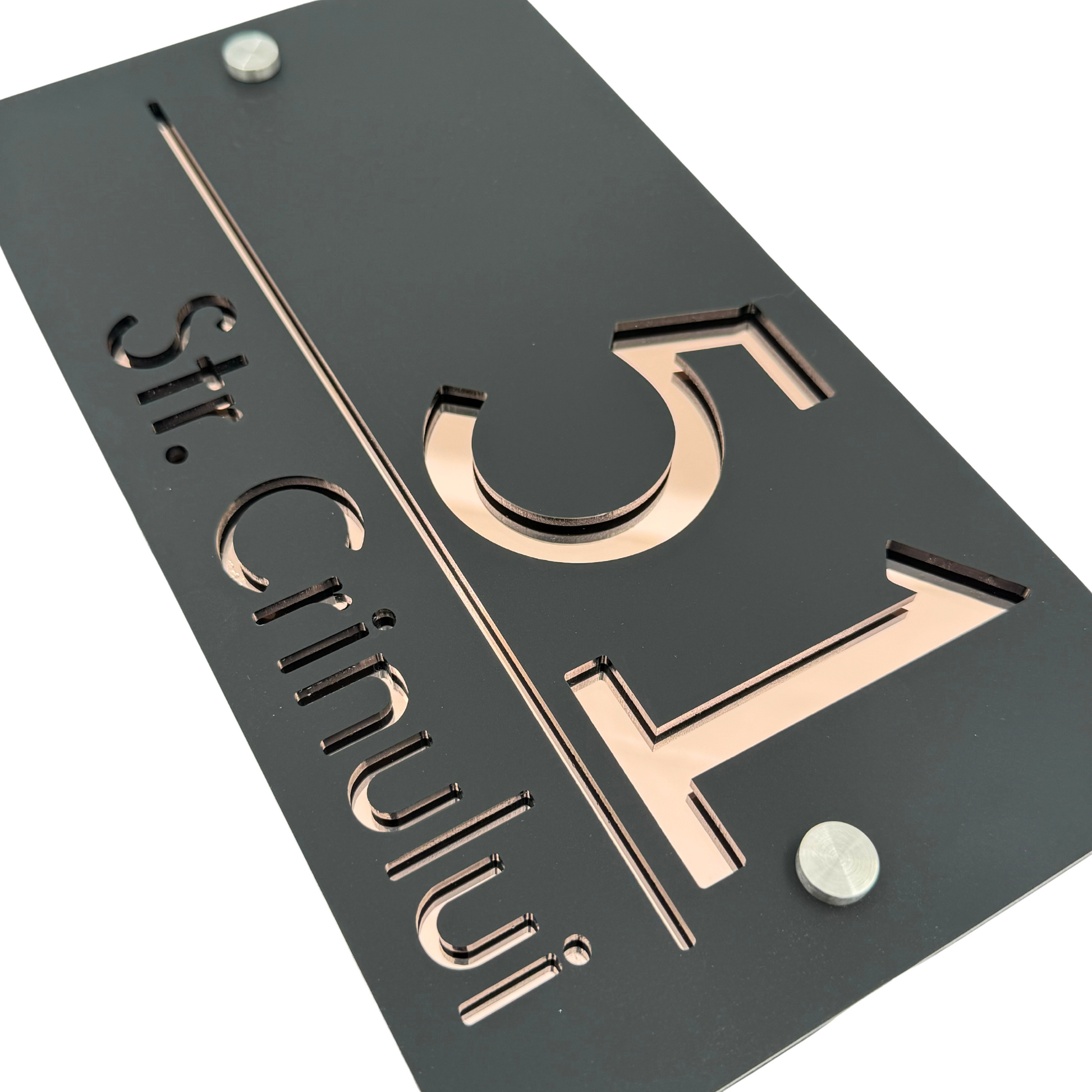 PREMIUM HOUSE NUMBER - Satin Black Rose Gold Mirror 2 Spacers Silver - 28×15 cm