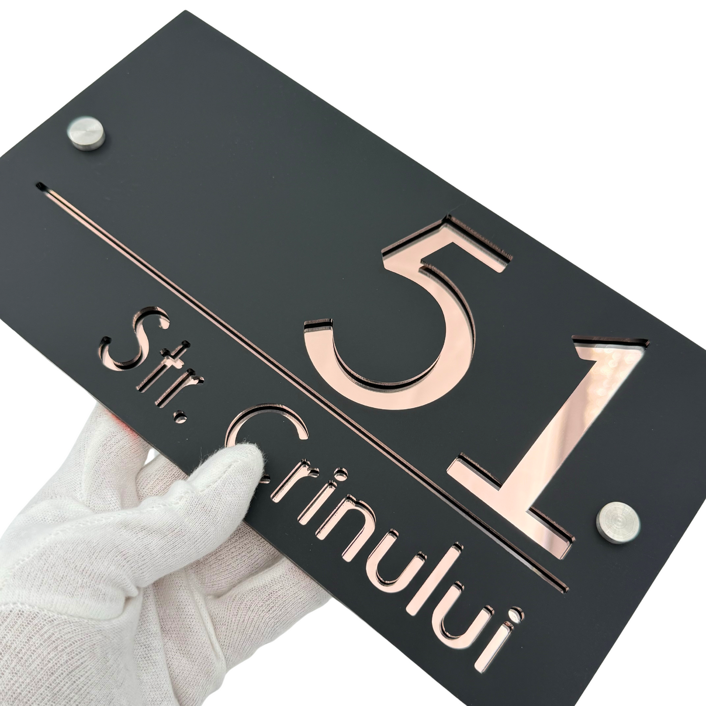PREMIUM HOUSE NUMBER - Satin Black Rose Gold Mirror 2 Spacers Silver - 28×15 cm