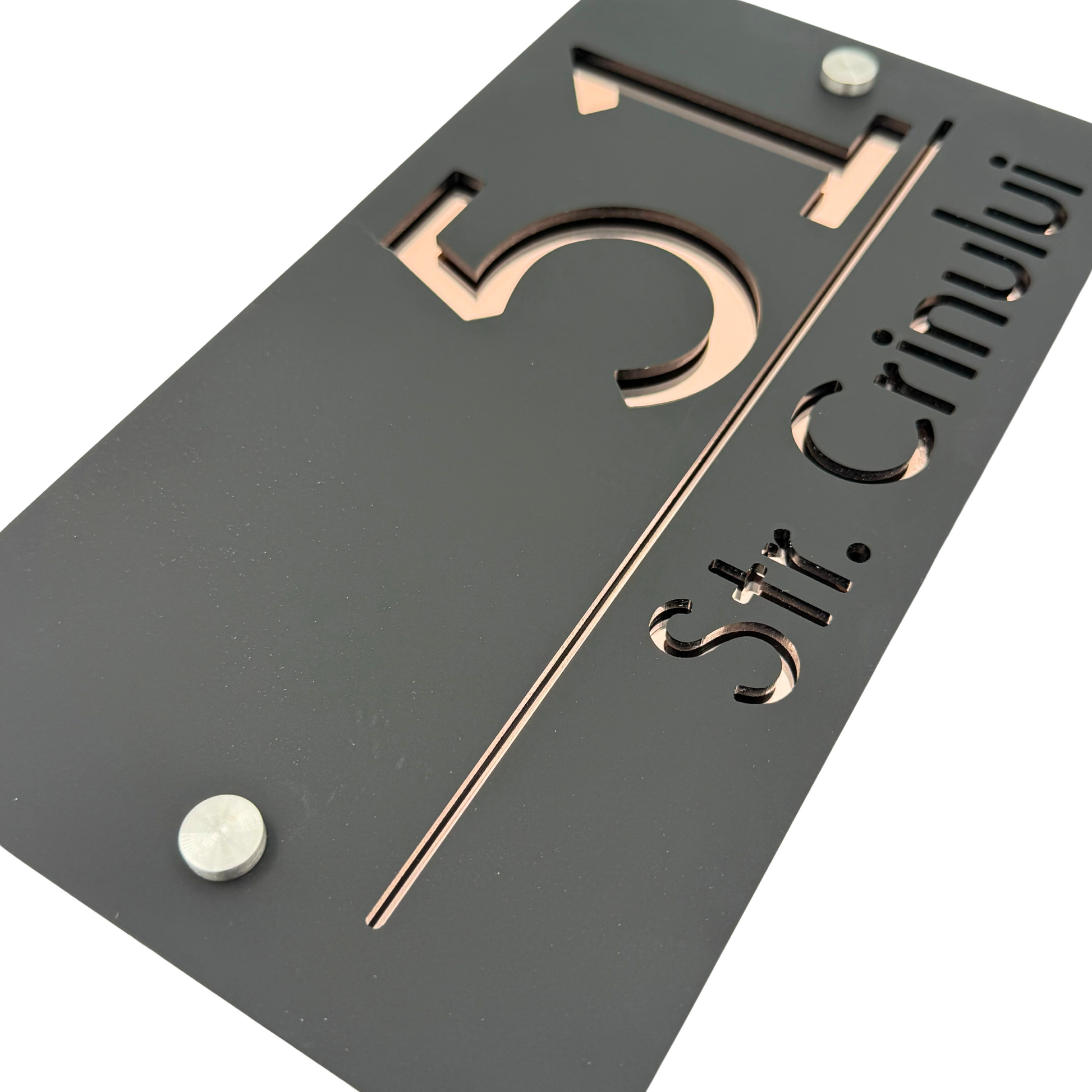 PREMIUM HOUSE NUMBER - Satin Black Rose Gold Mirror 2 Spacers Silver - 28×15 cm